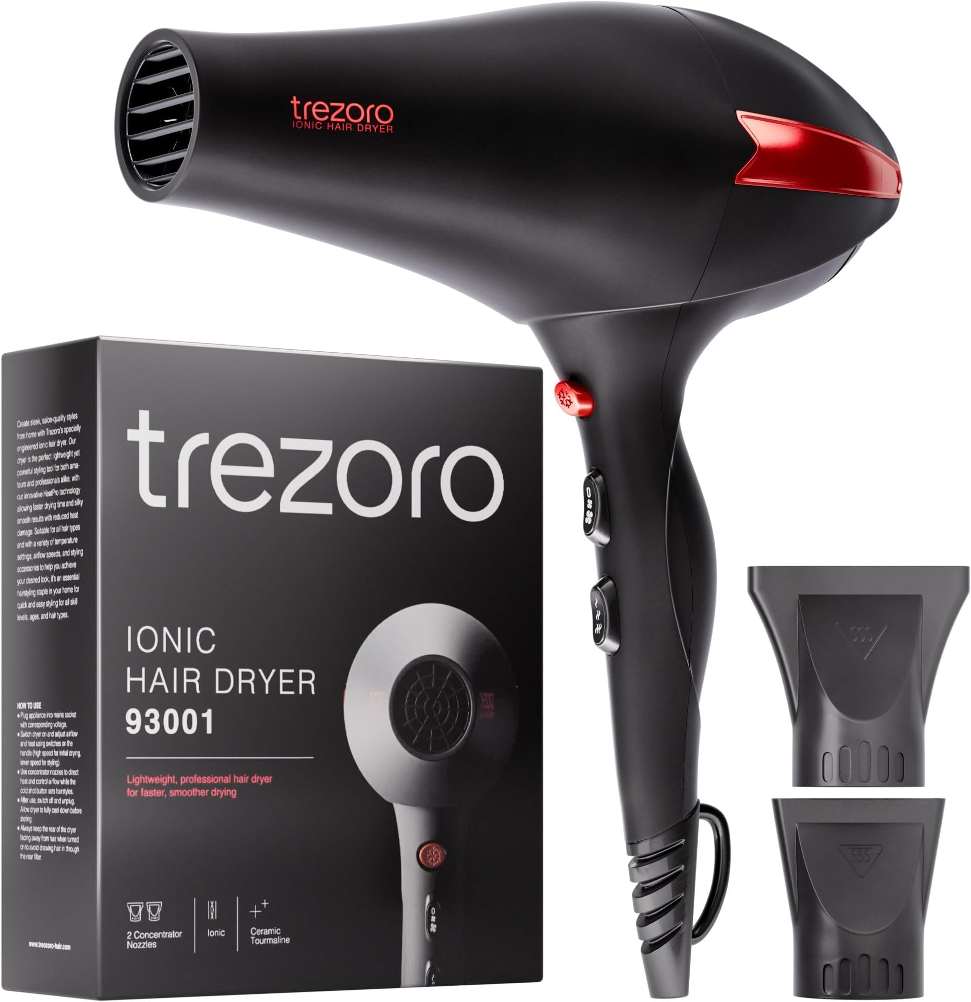 - Professional Hair Dryer, Ionic Ceramic Tourmaline Technology, 2000W Fast Quiet Drying, with Narrow & Wide Concentrator Nozzles, 3 Heat & 2 Speed Settings, Cool Shot Button, Black