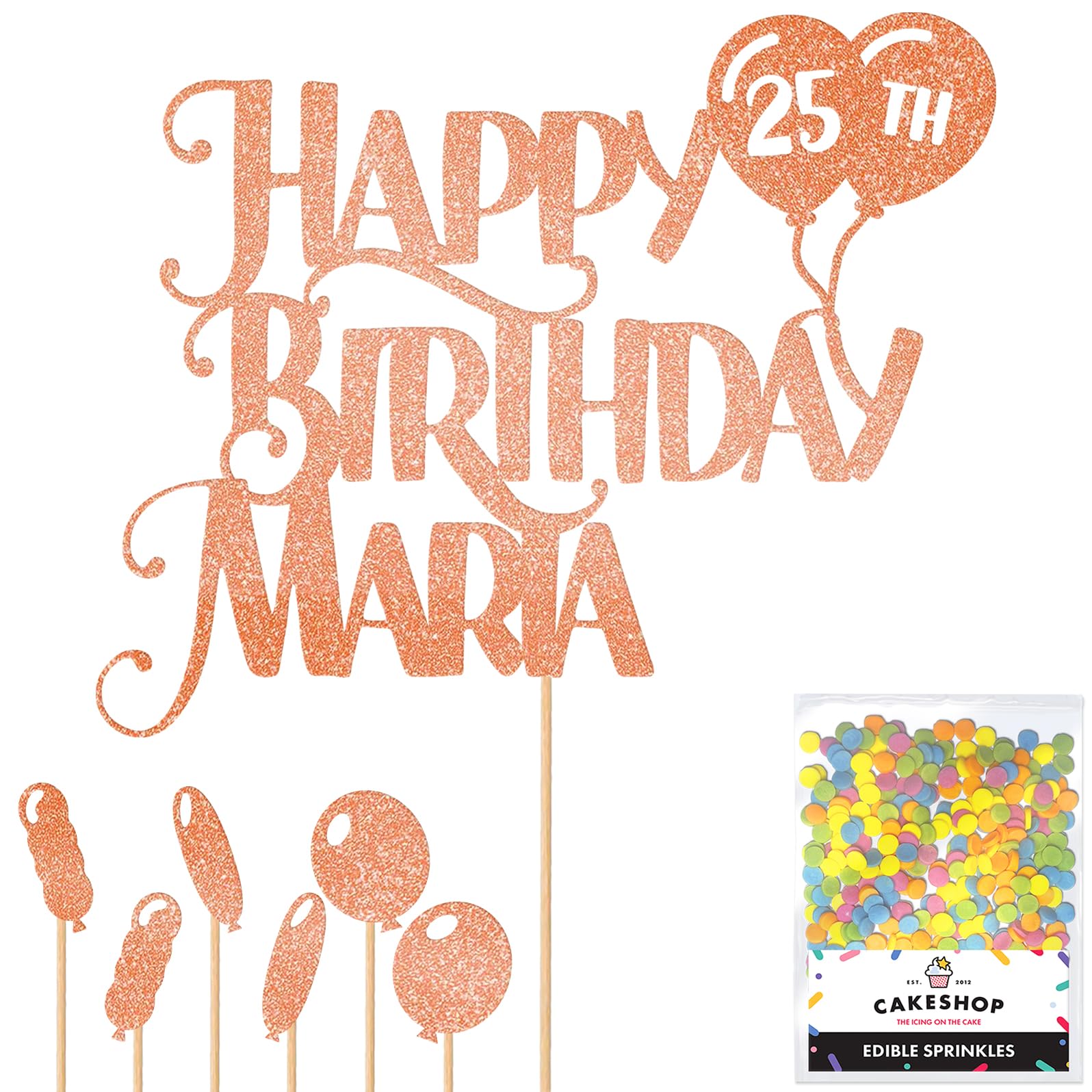Personalised Happy Birthday Glitter Cake Topper inc Balloons - Rose Gold Any Name & Age Glitter Cake Decoration and Sprinkles - Happy Birthday Decorations - Personalised Toppers for Cakes by Cakeshop