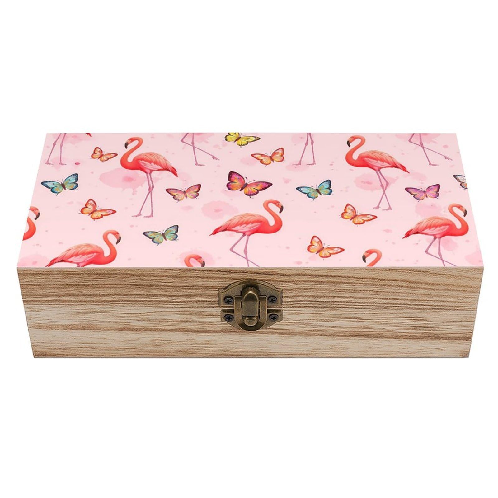 SMAZDFXX Lovely Flamingo Butterflies Pink Wooden Storage Box With Hinged Lid Decorative Front Clasp Keepsake Boxes