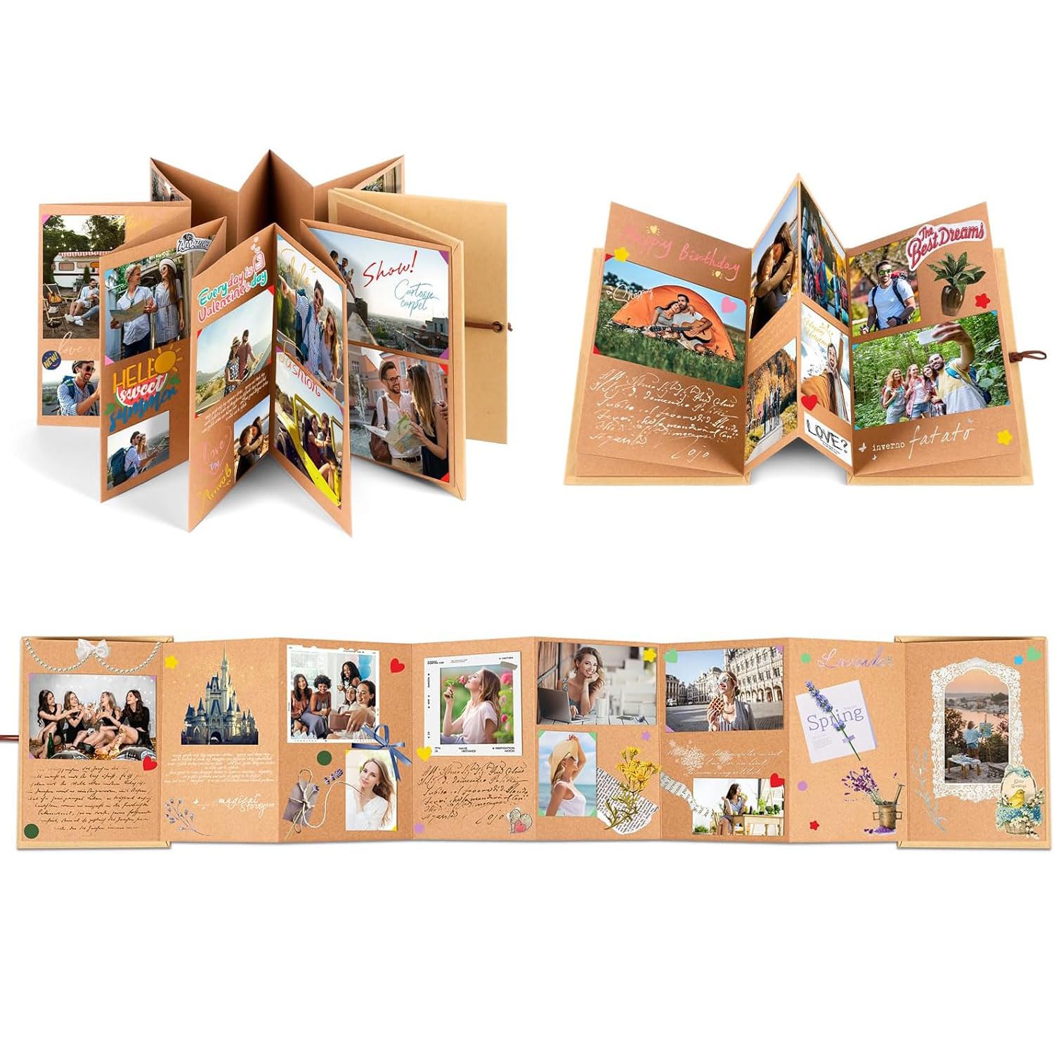 ERBO Fotoalbum om zelf vorm te geven (21 x 15 cm), accordeon-vouwalbum, doe -het-zelf scrapbook, fotoboek, kan als afstudeercadeau, verjaardagscadeau, huwelijkscadeau (34 pagina's, lichtbruin