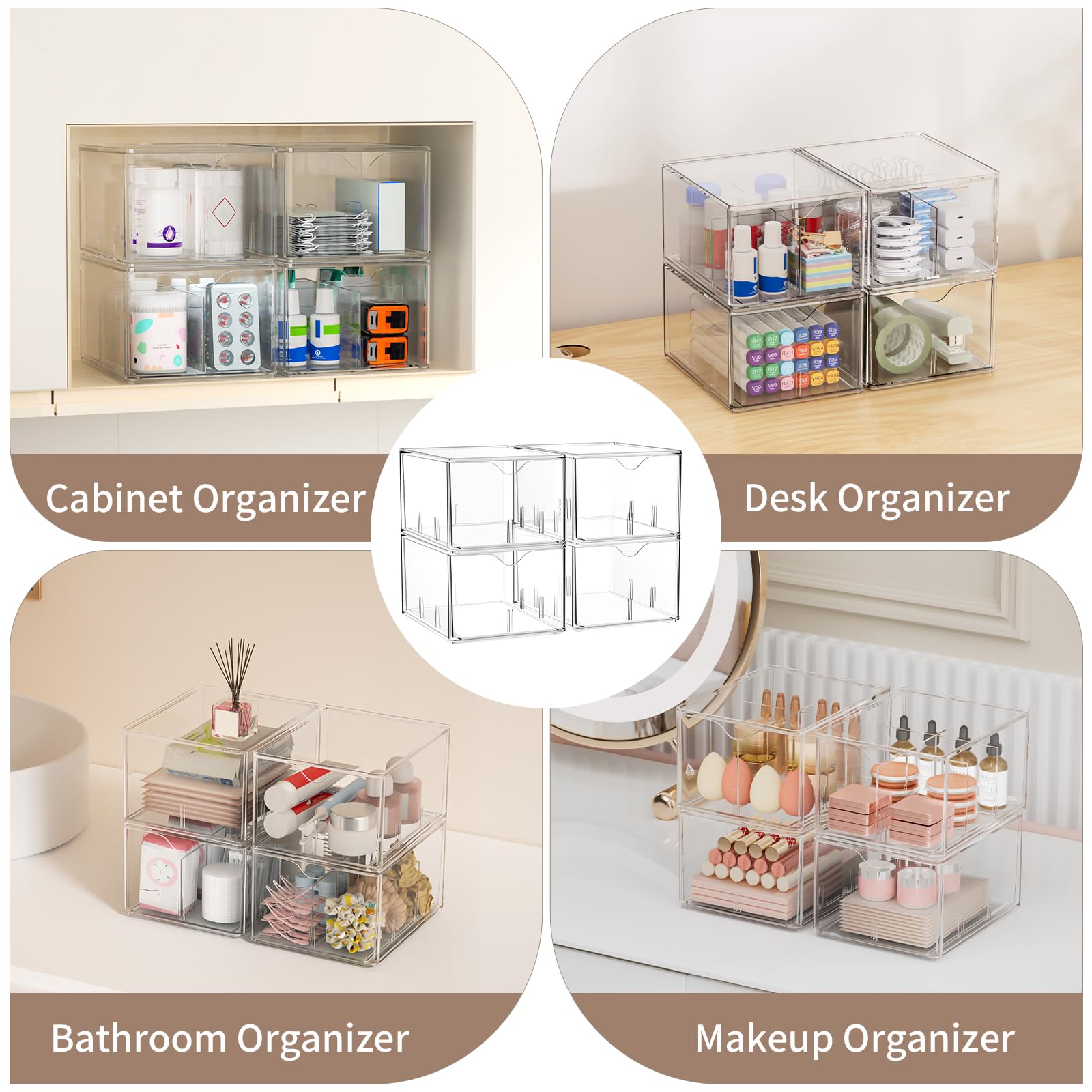4 cassetti trasparenti impilabili con divisori staccabili, organizer per trucchi in acrilico per vanità, sottolavello, bagno, dispensa, mobili da cucina, contenitori in plastica per cosmetici, bustine