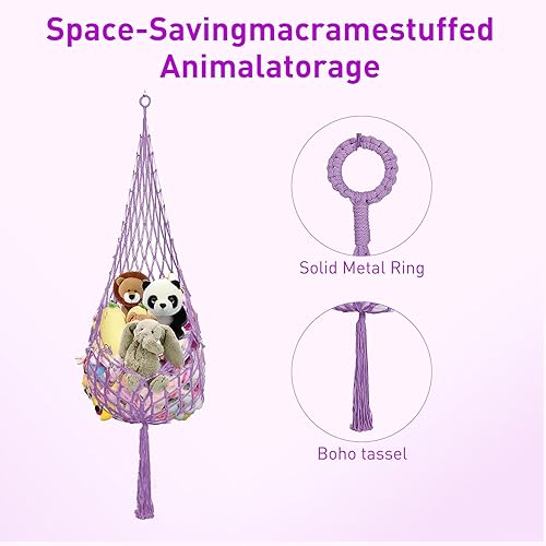 Miniatura 5 de 2 piezas de red de animales de peluche o hamaca de macramé, soporte de felpa para colgar en el techo, soporte para animales de peluche con gancho de