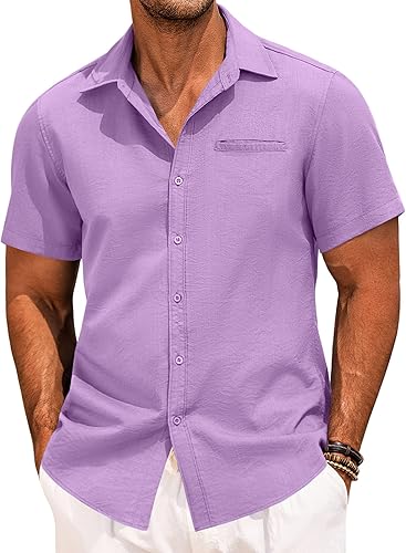 COOFANDY Camisa casual de lino para hombre, camisa de manga corta con botones, camisas hawaianas de verano para la playa