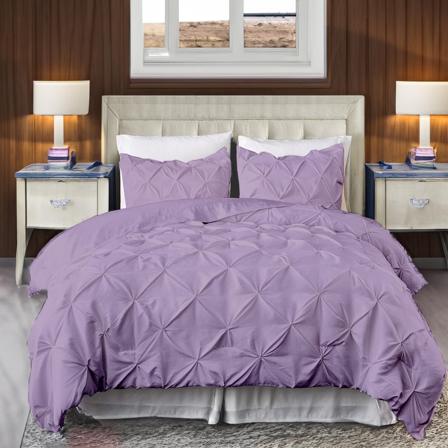 EASYCOT 800TC Diamond Pintuck Duvet Cover Set Egyptian Cotton 5 Piece Duvet Cover Set Pinch Pleat Comfortable Hotel Quality Bedding set - Lavender,King Size