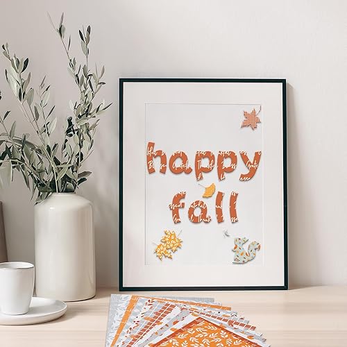 Miniatura 7 de Whaline 60 piezas de papel con patrón de otoño, hojas de otoño, calabaza, a cuadros, ondas, papel para manualidades, color naranja, azul, origami,