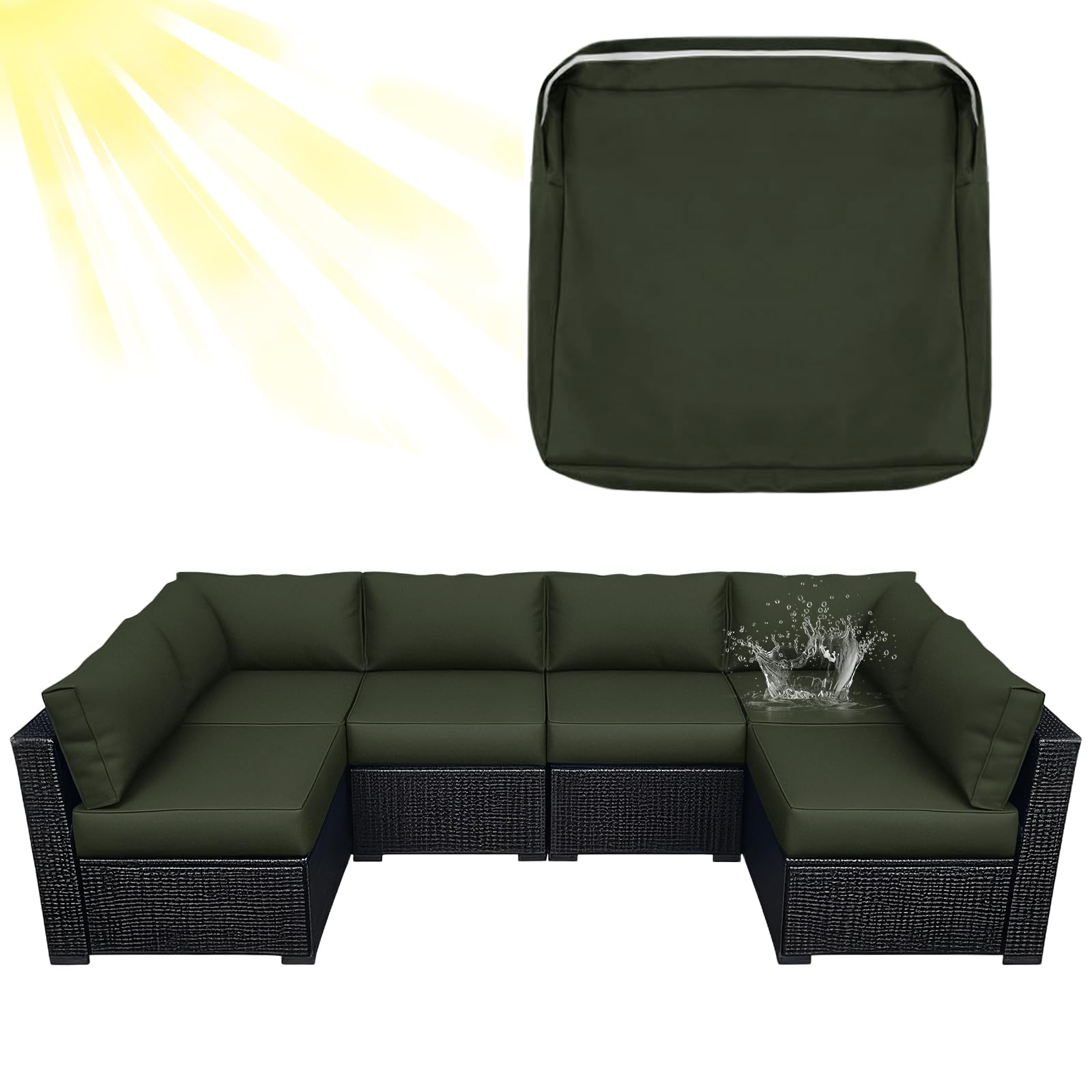 ZYBSLCSY Waterproof Replacement Cushions Slipcover for Outdoor Furniture Protector, Non-Slip Patio Chair Seat Cushion Cover with Zip, Garden Rattan Couch Cover (Khaki Green,4 pieces 33×65×10cm)