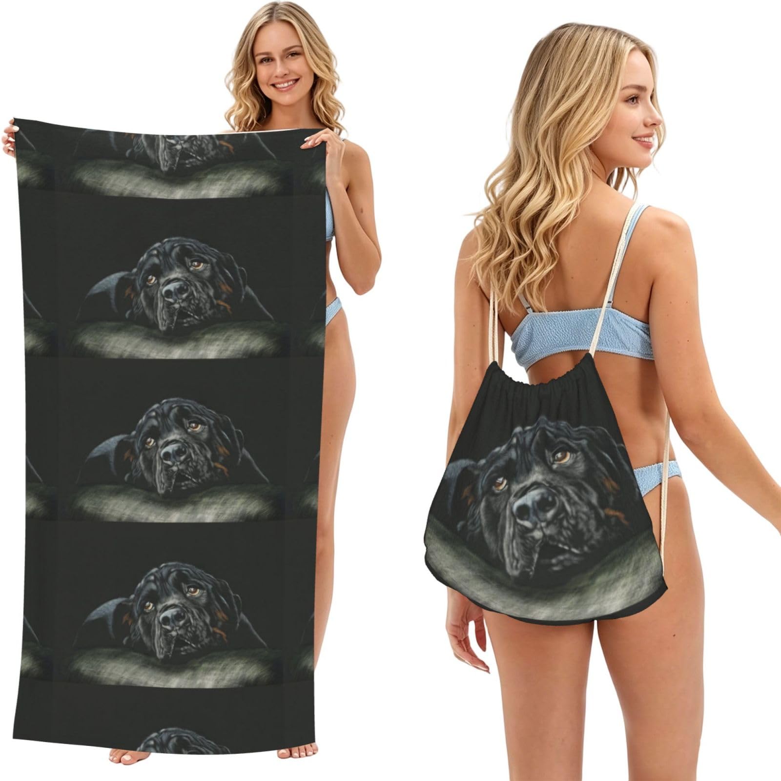 Poadnly As Picture Rottweiler Dog, 2 In 1 Packable Towel Bag, Beach Towels With Drawstring Backpack For Travel Holiday Camping