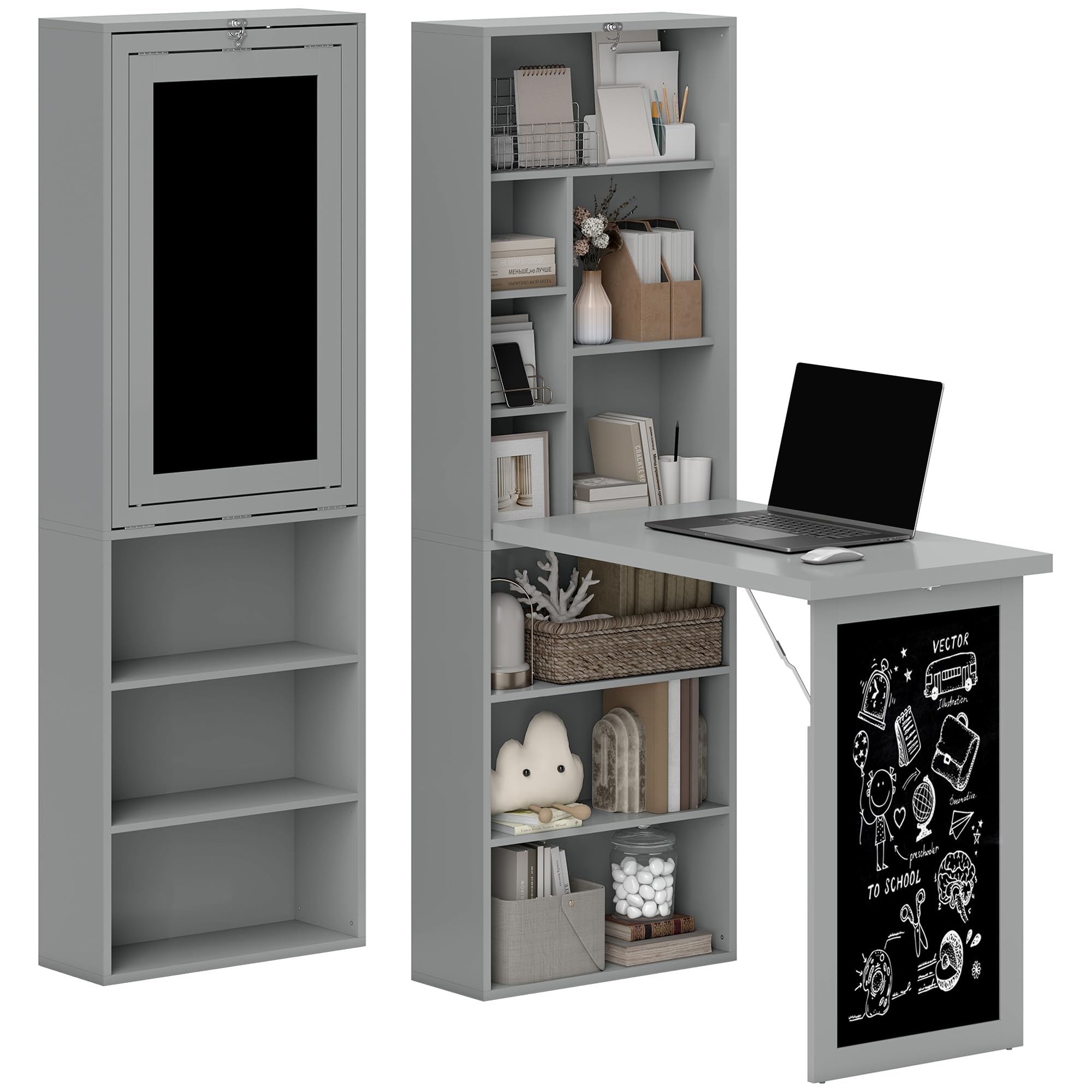 HOMCOM Bureau Informatique Pliable, Bureau avec Bibliothèque, Poste de Travail, Tableau Noir, 9 Compartiments Ouverts et Étagère Réglable, Table d'Ordinateur pour Chambre, 98x51x153cm, Gris