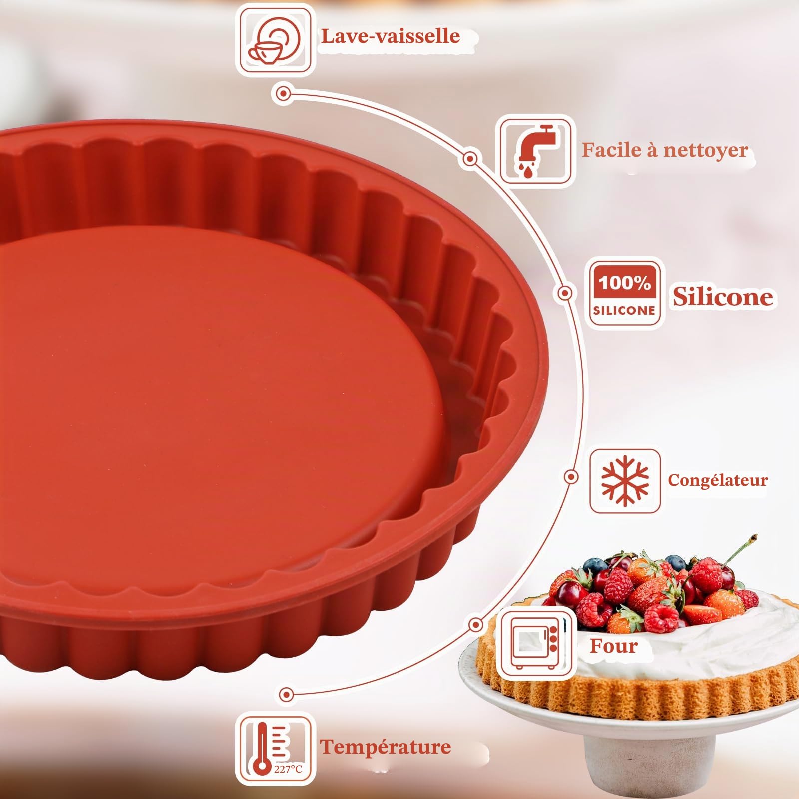 webake Moule à tarte 28 cm en silicone pour tarte aux fruits, fond de gâteau, fonds de gâteau, 1 pièce