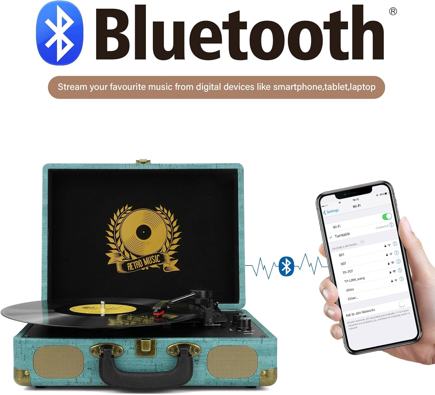 Vinyl Record Player 3-Speed Bluetooth Suitcase Portable Belt-Driven, Supports Bluetooth, RCA Output, 3.5mm aux-in and Headphone Jack and MP3, Mobile Phones Music Playback Vintage