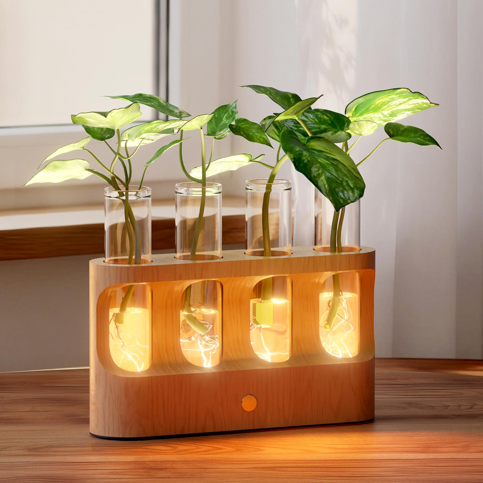 Wiederaufladbare Pflanzenzuchtstation, stufenloses Dimmen LED-Licht, Holzständer, 4 Glas-Reagenzgläser für Hydrokulturpflanzen, einzigartiges Geschenk für Pflanzenliebhaber