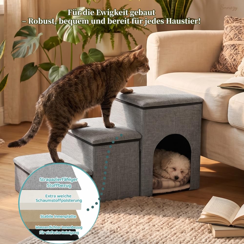 Hundetreppe für Kleine Hunde mit Stauraum und Katzenöffnung, Breite Dog Stairs Faltbare mit Rutschfestem Boden für Bett und Couch, Hundetreppe Kleine Hunde 3 Stufen (Grau)