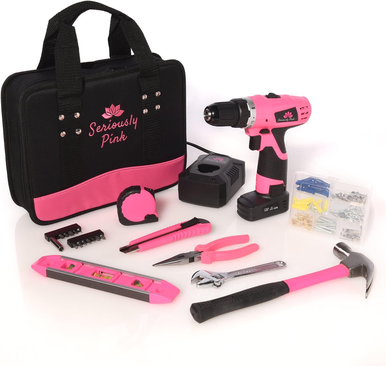 SP12V121PKT- SERIOUSLY PINK 12V CORDLESS ELECTRIC LITHIUM ION DRILL/DRIVER FOR WOMEN AND HAND TOOL ESSENTIAL KIT