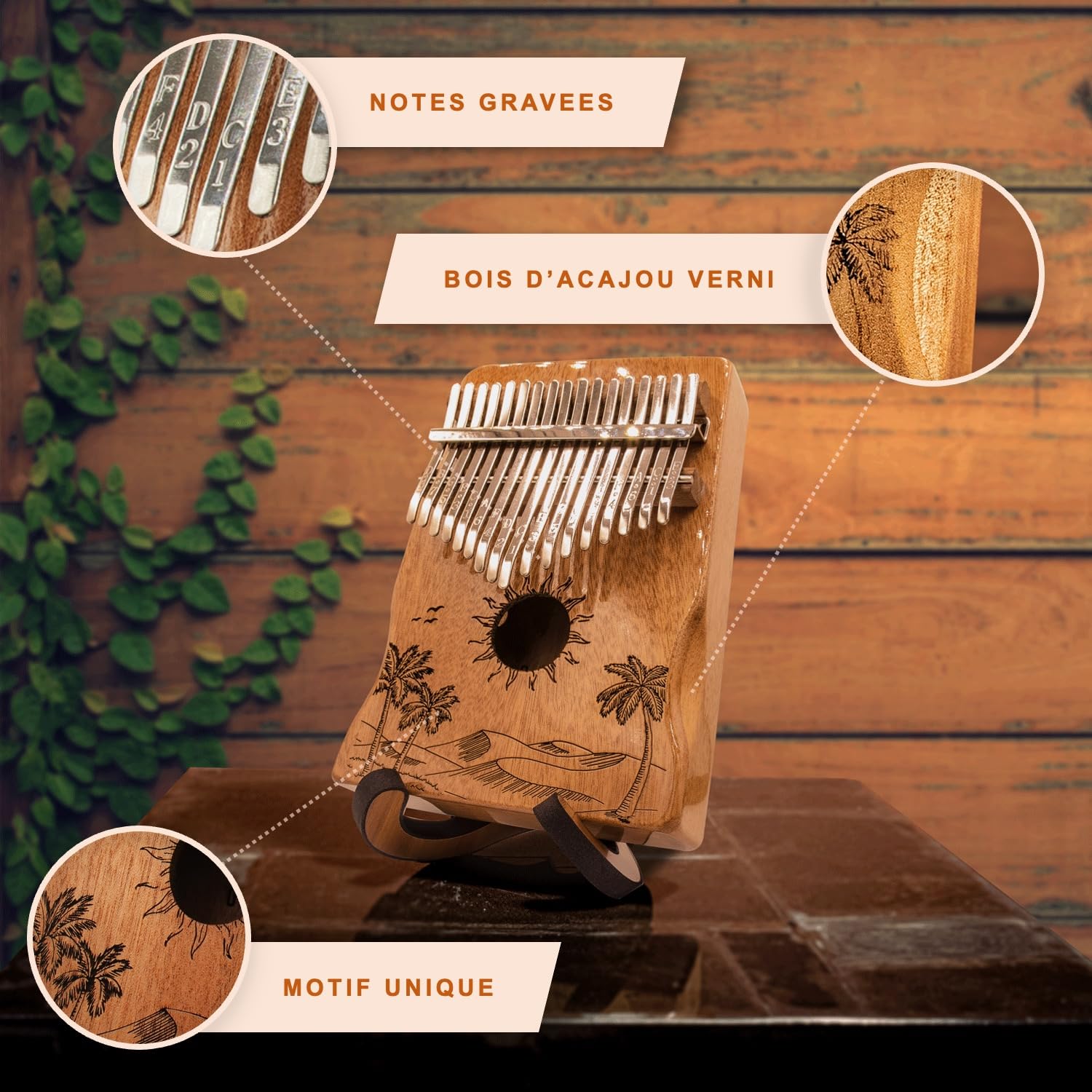 ORORA Kalimba Instrument de musique enfant et adulte, Piano à pouce 17 clés avec gravure et bois verni - Ebook de 50 partitions offert - Etui et accessoires d'entretien inclus - cadeau original