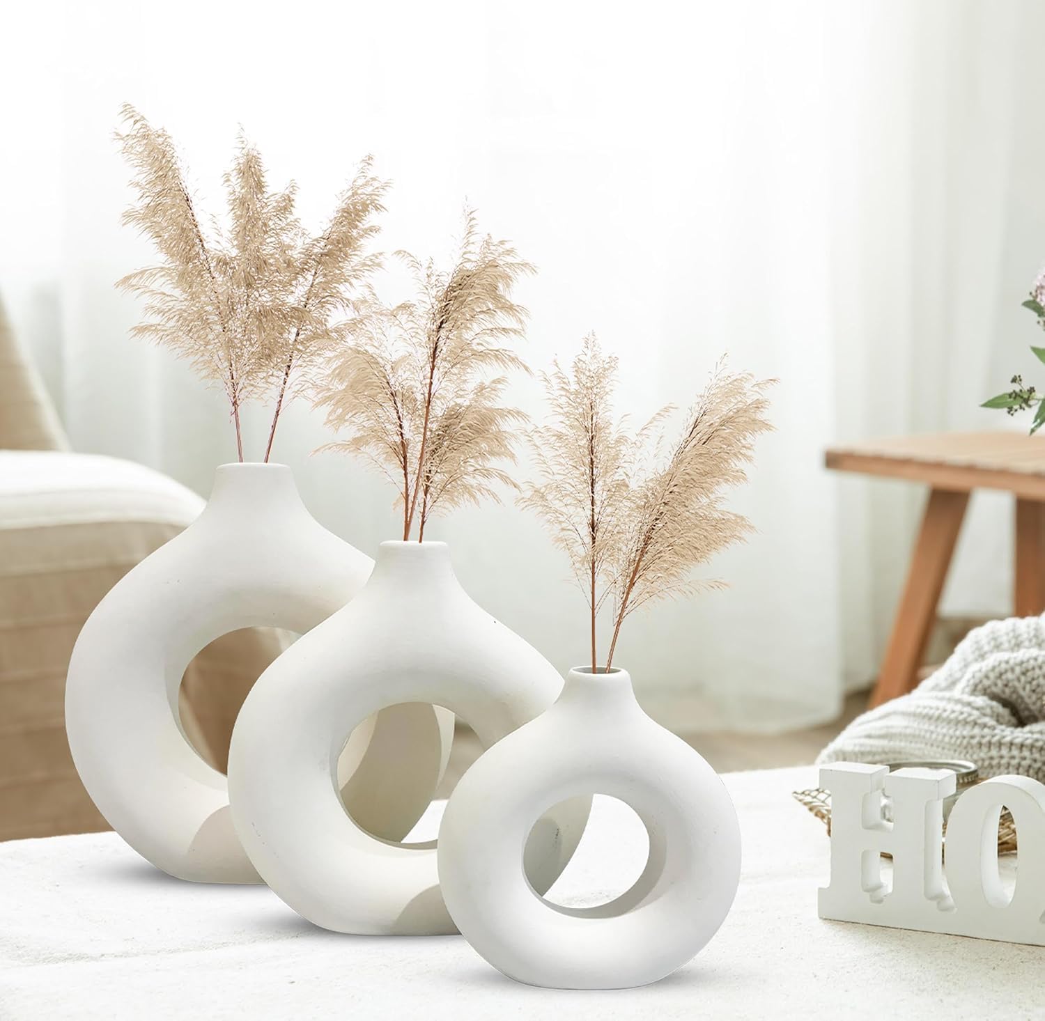 White Ceramic Donut Vase Set of 3, 11cm 13cm 16cm, Decorative Round Vases for Dried Flowers Pampas Grass (Not Include), Modern Home Decor Living Room Office-image-17