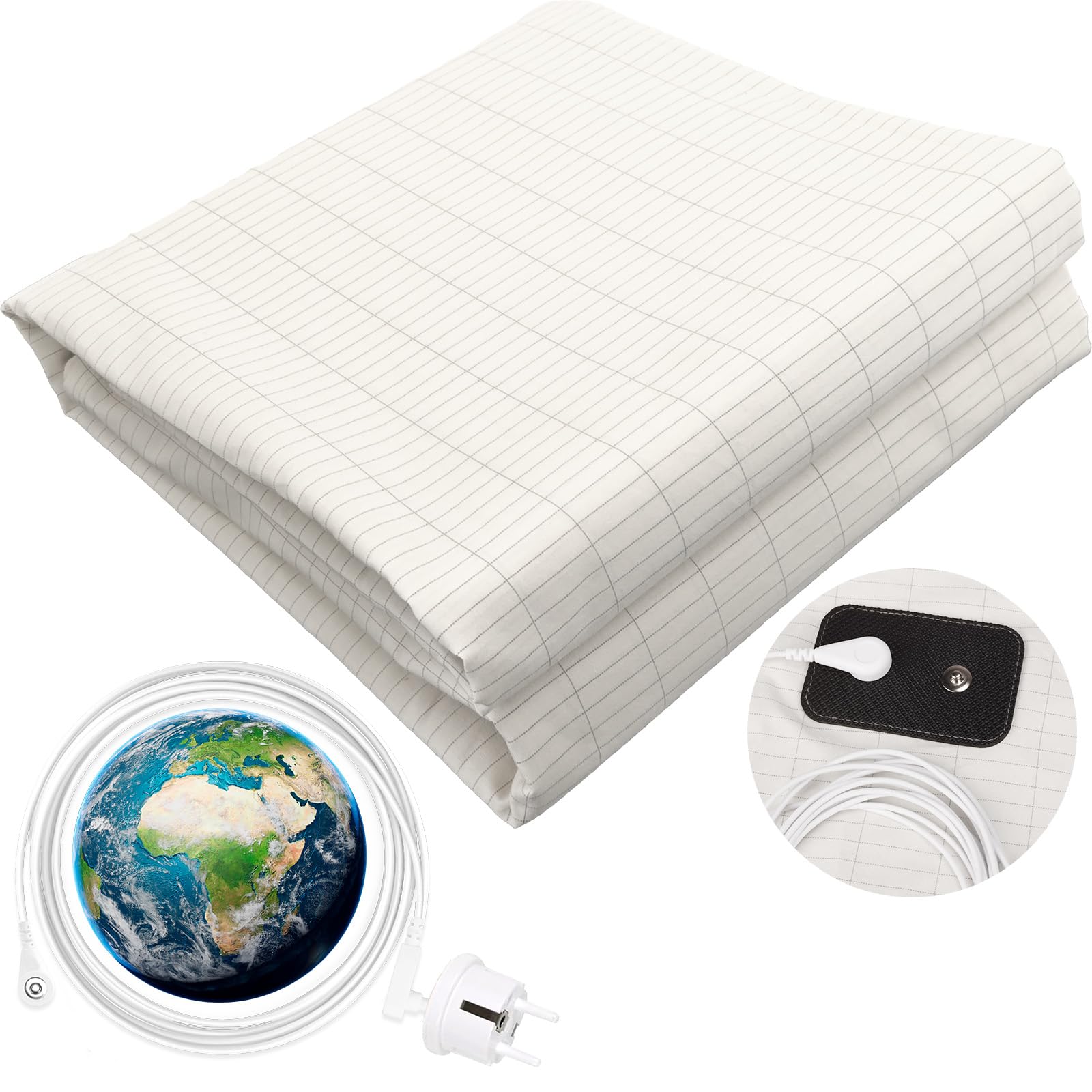 Erdungsbettlaken Erdungsmatte 90% Bio-Baumwolle und 10% Silberfaser Erdungsmatte mit EU Erdungskabel für Besseren Schlaf 200x200cm weiß