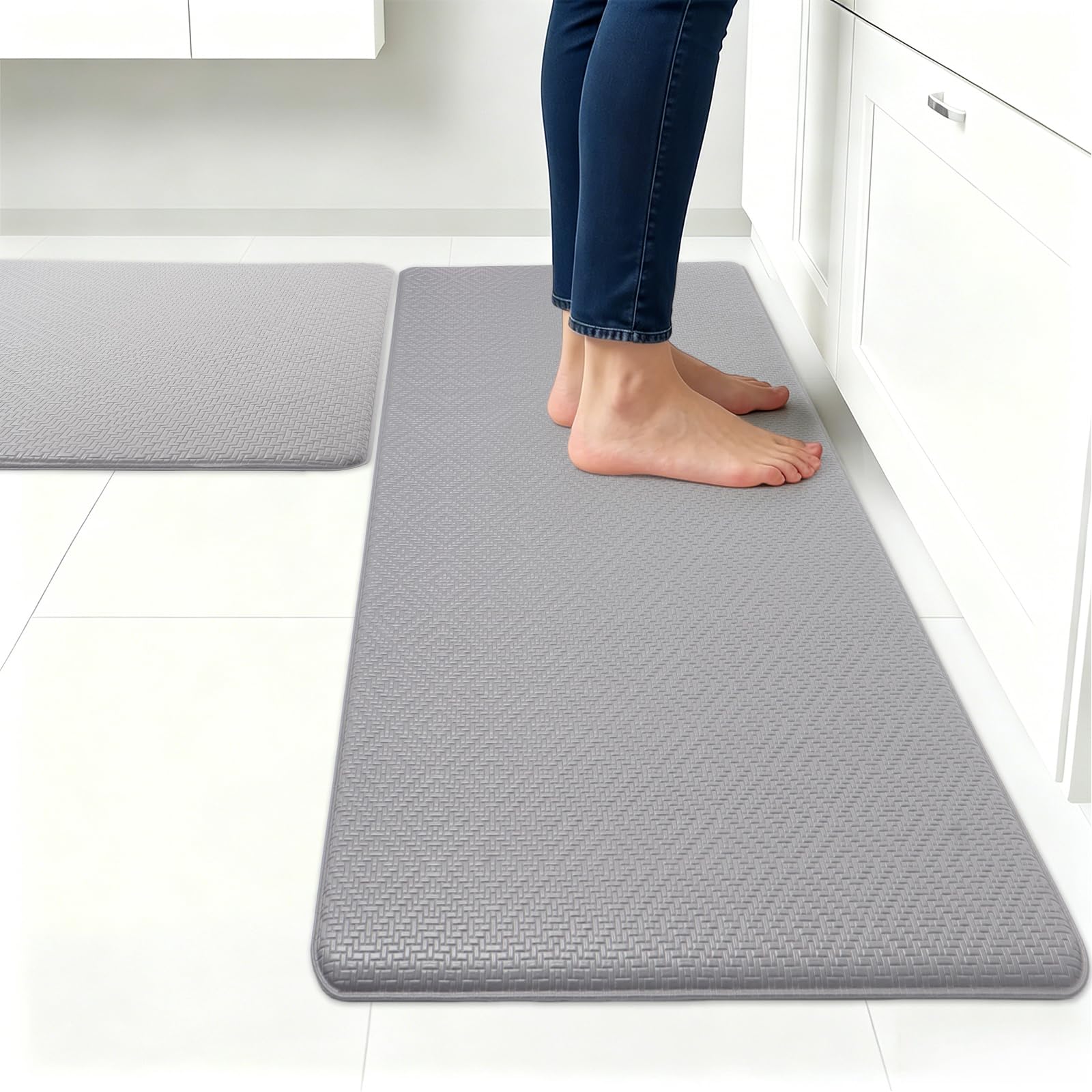 Kitchen Mat, 2 Pieces Non Slip Kitchen Rug Set, Anti Fatigue Soft Comfortable Standing Mat, Waterproof Oil Resistant Leather Cushioned Mats for Kitchen Floor Office (Grey, 44 * 75+44 * 120cm) — image 1