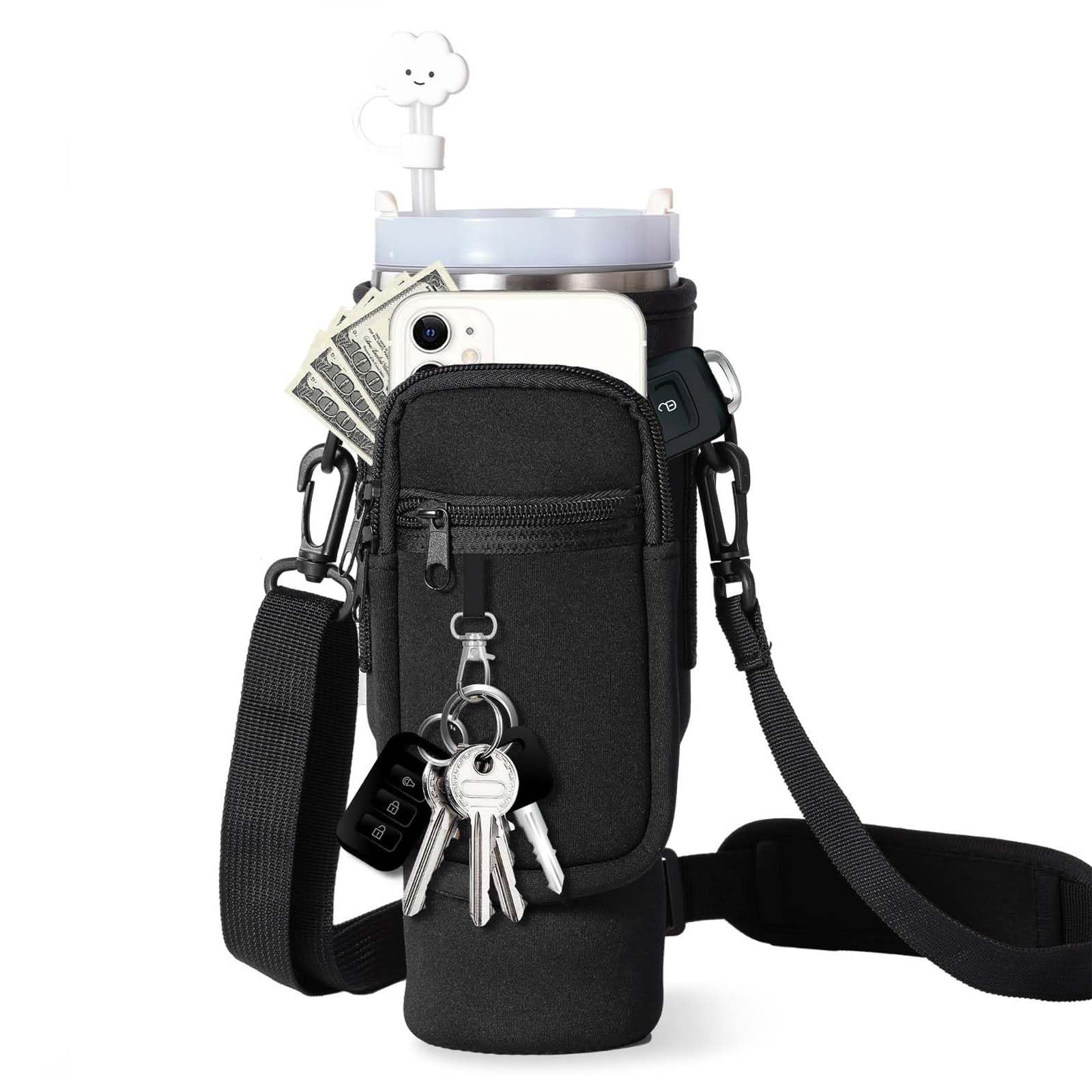 Marjoramy Water Bottle Carrier Bag for Stanley Cup 40oz, Water Bottle Holder with Phone Pocket,Adjustable Shoulder and Carabiner Clip,Stanley Cup Holder for Walking Hiking Camping Travelling (Black)