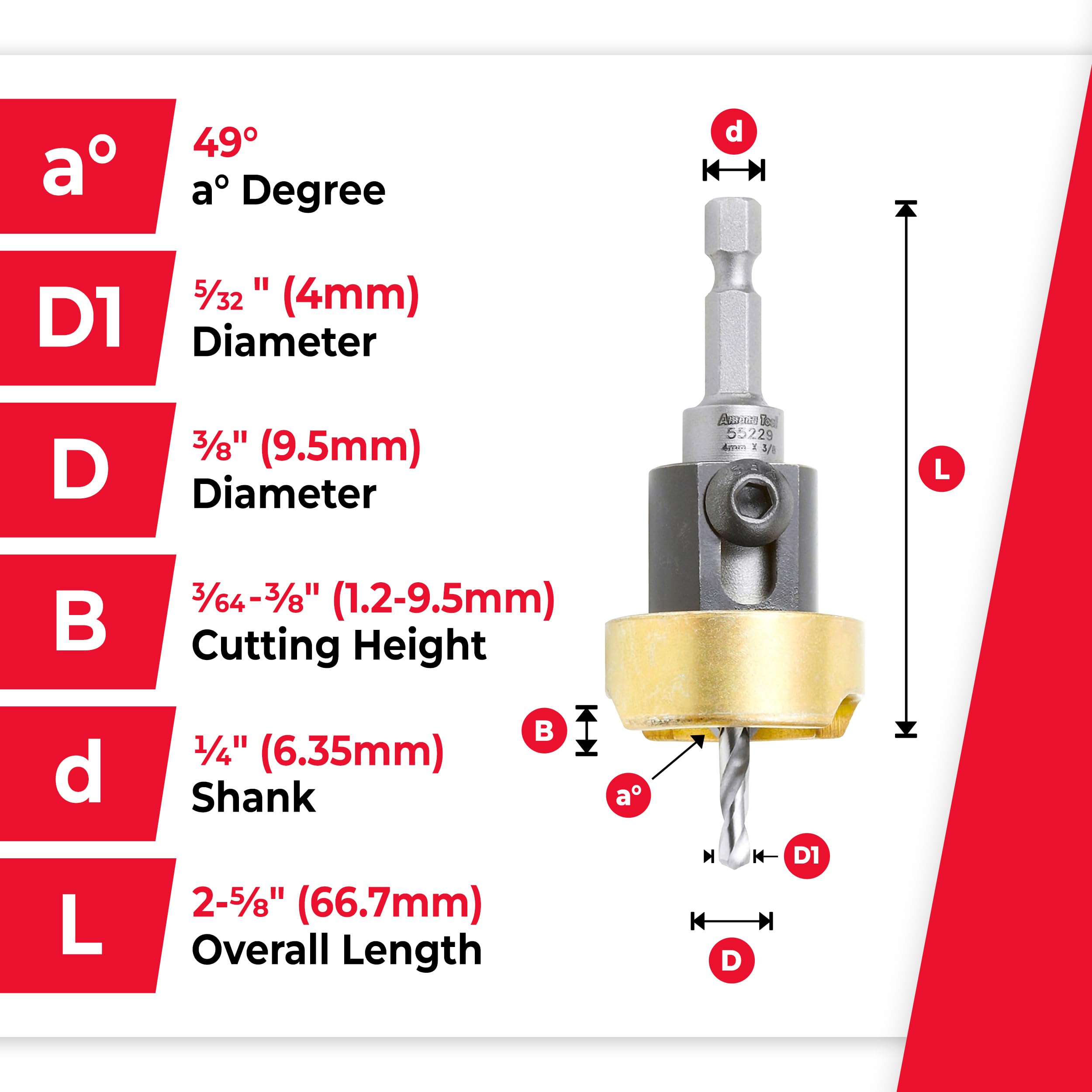 Amana Tool - 55229 Kegelsenker mit Hartmetallbestückt, 82° mit einstellbarem Tiefenanschlag & Nr