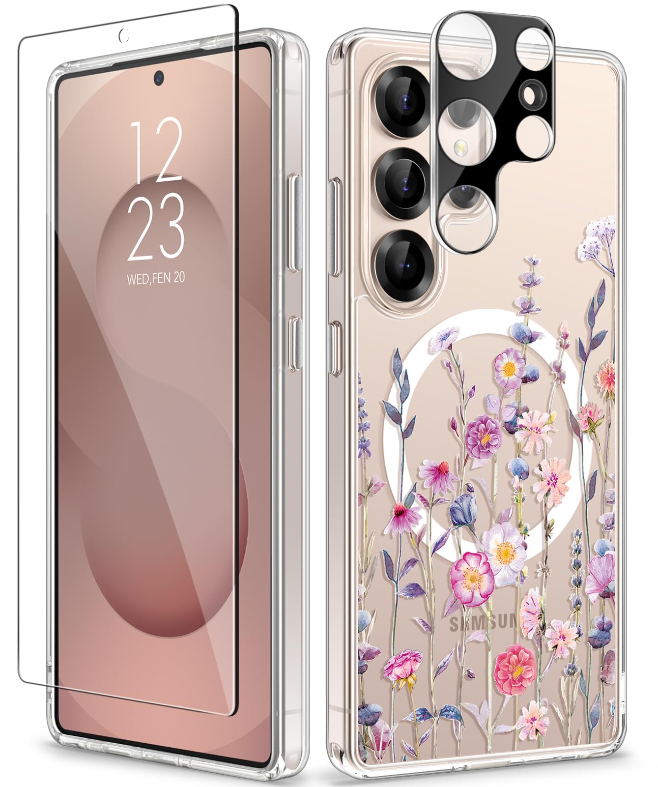 GVIEWIN for Samsung Galaxy S25 Ultra Case 6.9", [Compatible with Magsafe][Screen & Camera Lens Protector] Transparent Clear Slim Shockproof Protective Women Phone Cover 2025, Floratopia/Colorful