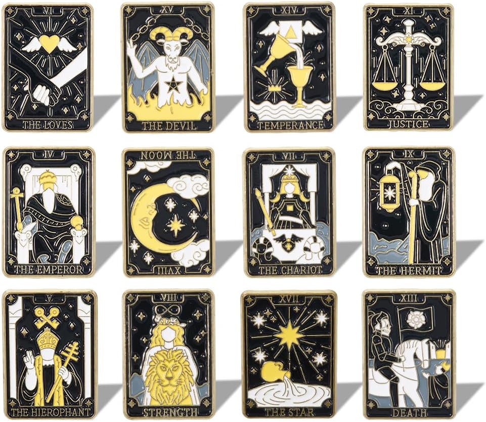SUNNYCLUE 1 Box 12Pcs 12 Styles Tarot Card Enamel Pin Constellation Brooch Black Gold Metal Zinc Alloy Divination Themed Moon Star Sun Lapel Pins Set for Backpacks Bags Clothing Decor Accessories - Image 5