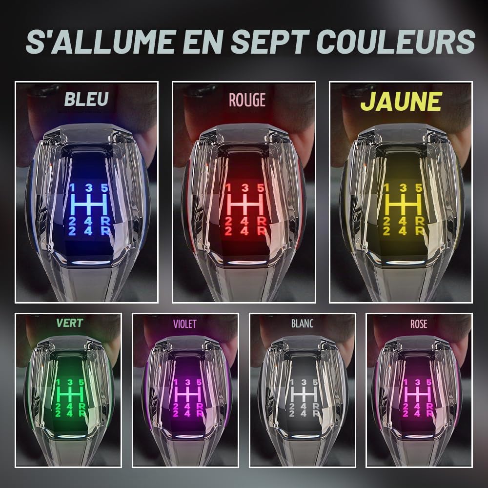 Universel Pommeau de Levier de Vitesse, 5 Vitesses Leviers de Vitesses Manuels Sans Boutons Cristal 7 Couleurs Haut&Côté Activé par le Toucher Éclairage LED