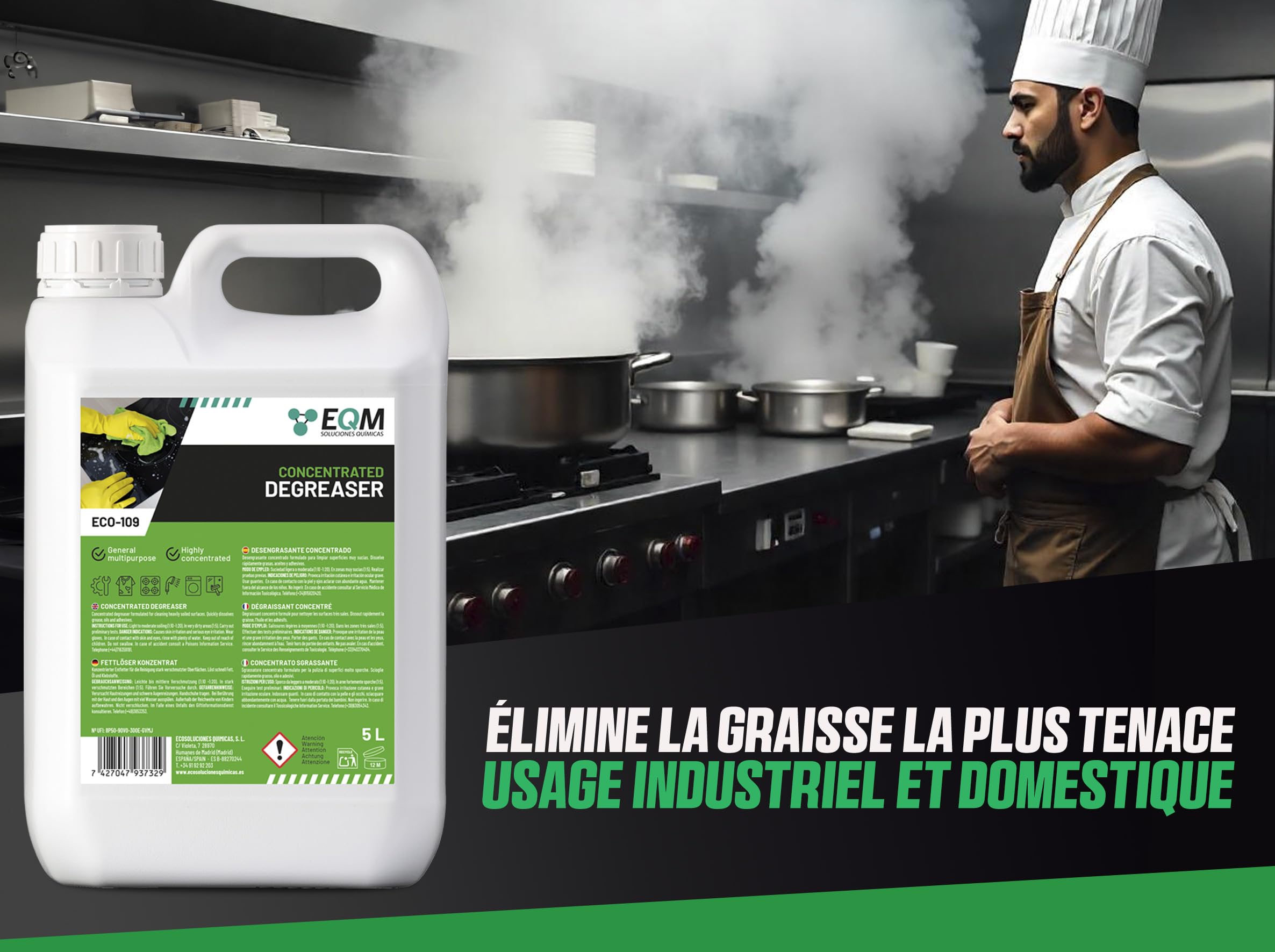 EQM - ECO-109 - Dégraissant Concentré Multisurfaces - 5L - Cuisines, moteurs, machines, sols industriels, garages, etc. - Dégraissant haute efficacité