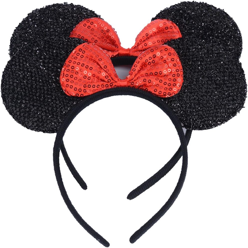 Set of 2 Mouse Ears Headbands for Christmas Parties and Trips (Black Sequin Red)