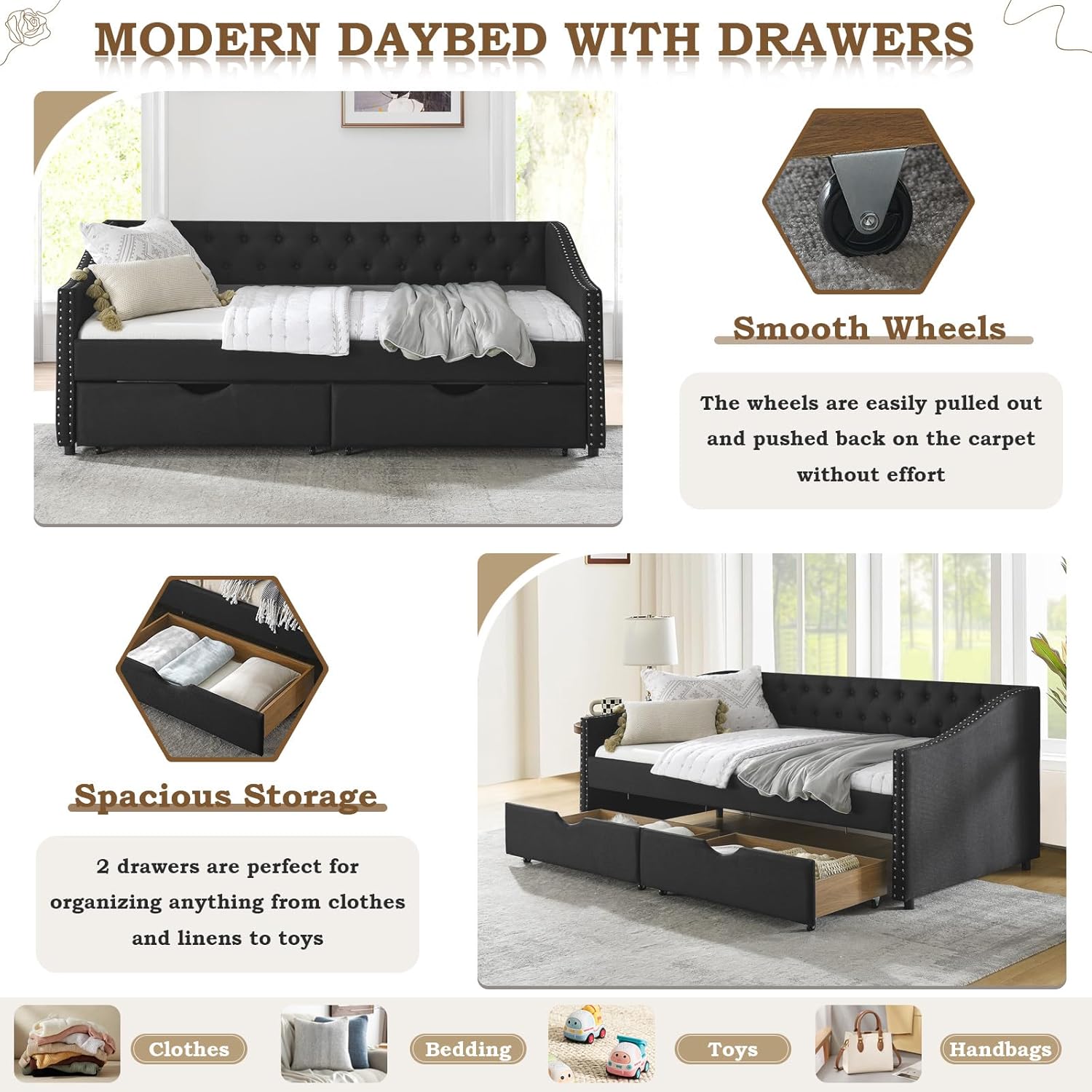 Daybed with Drawers, Modern Linen Upholstered Twin Size Day Bed Button-Tufted Sofa Daybed Frame with Double Drawers, No Box Spring Needed, Furniture for Bedroom Living Room Guest Room (Black, Twin)