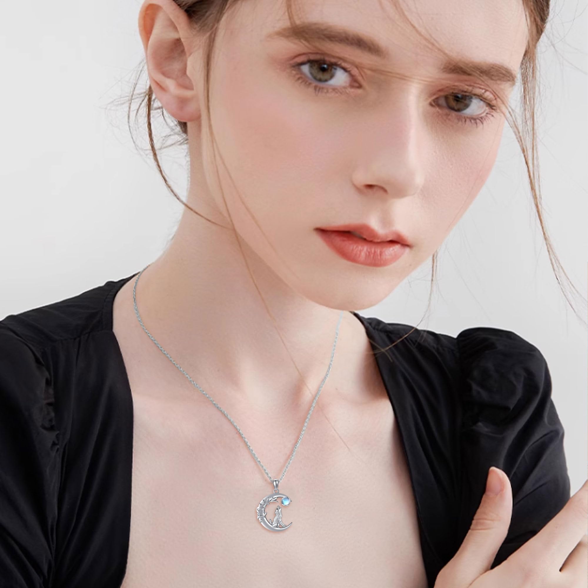 ONEFINITY Collar de lobo de plata de ley 925 con colgante de lobo y luna creciente, collar de piedra lunar, regalo para mujer, Piedra de luna