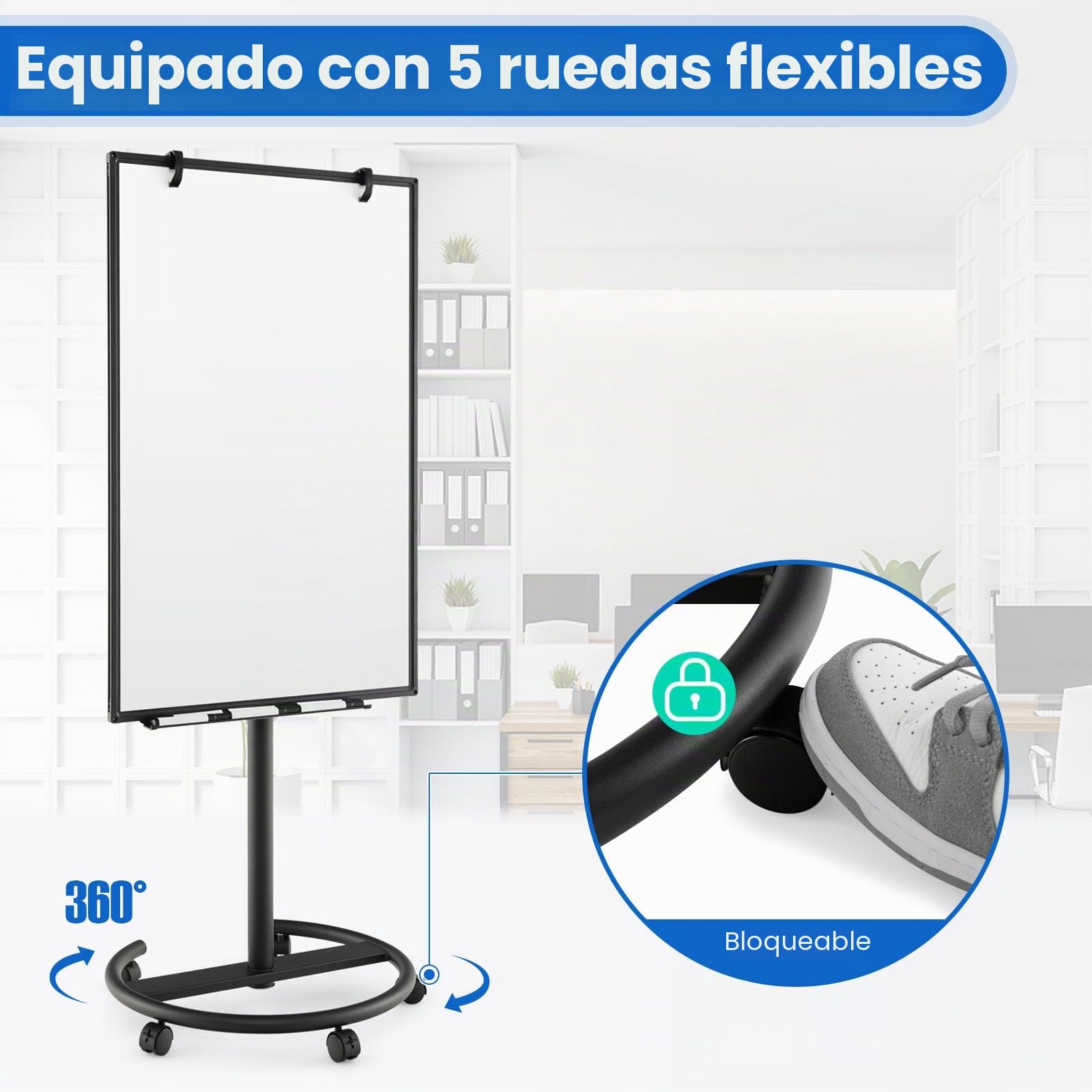LIFEZEAL Pizarra blanca móvil con soporte, 100x65cm, Altura ajustable 132/192cm, Inclinación 16°, Pizarra magnética con ruedas bloqueables para Oficina, Escuela (Negro)