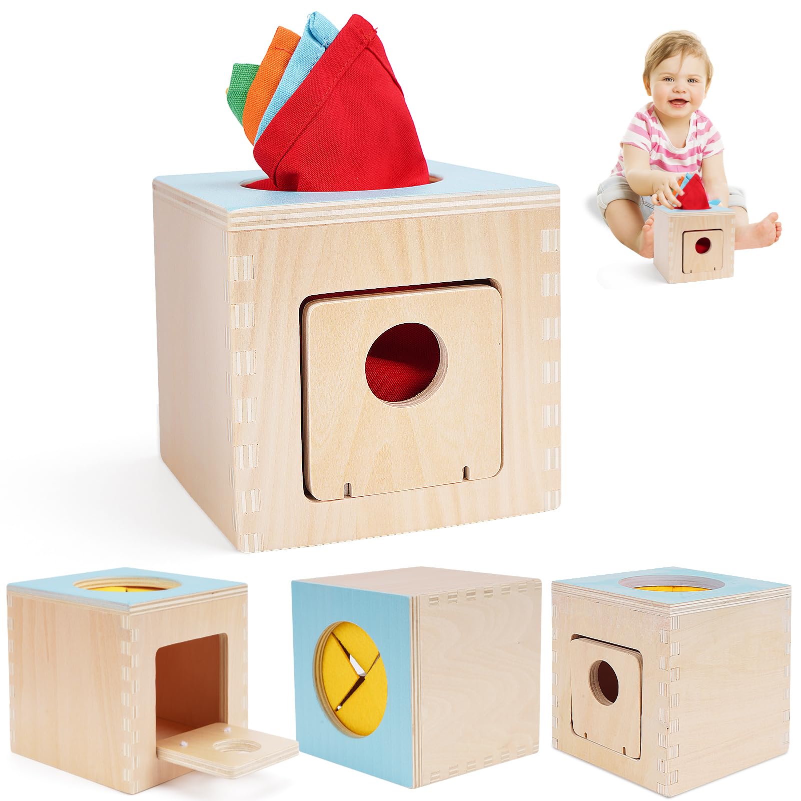 FCSONU Kids Toddler Toys, Montessori Baby Toys 0-6-12 Months, 1 Year Old Wooden Baby Tissue Box Toy for Educational Learning with Cloth Tissues, Boys & Girls Gifts for Birthday Christmas Children Day