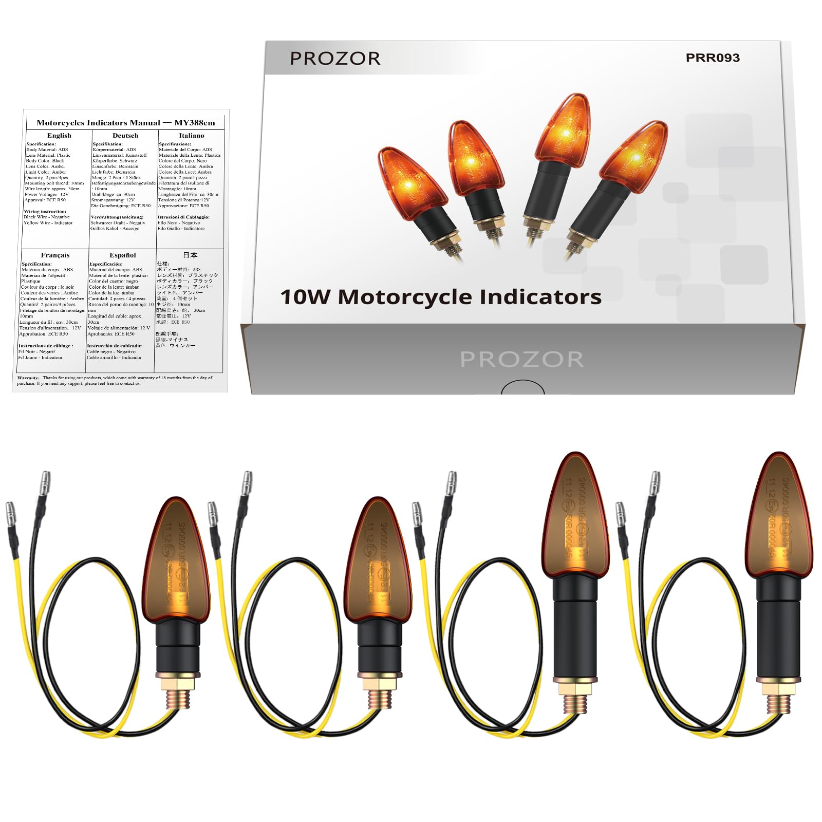 PROZOR 4PCS Intermitentes Moto Universal Homologadas ECE R50 Luces de Señal de Giro Impermeable IP65 Bombilla de Alta Potencia10W Indicador de Señal de Giro Ámbar para M10 Motocicleta Moto 12V