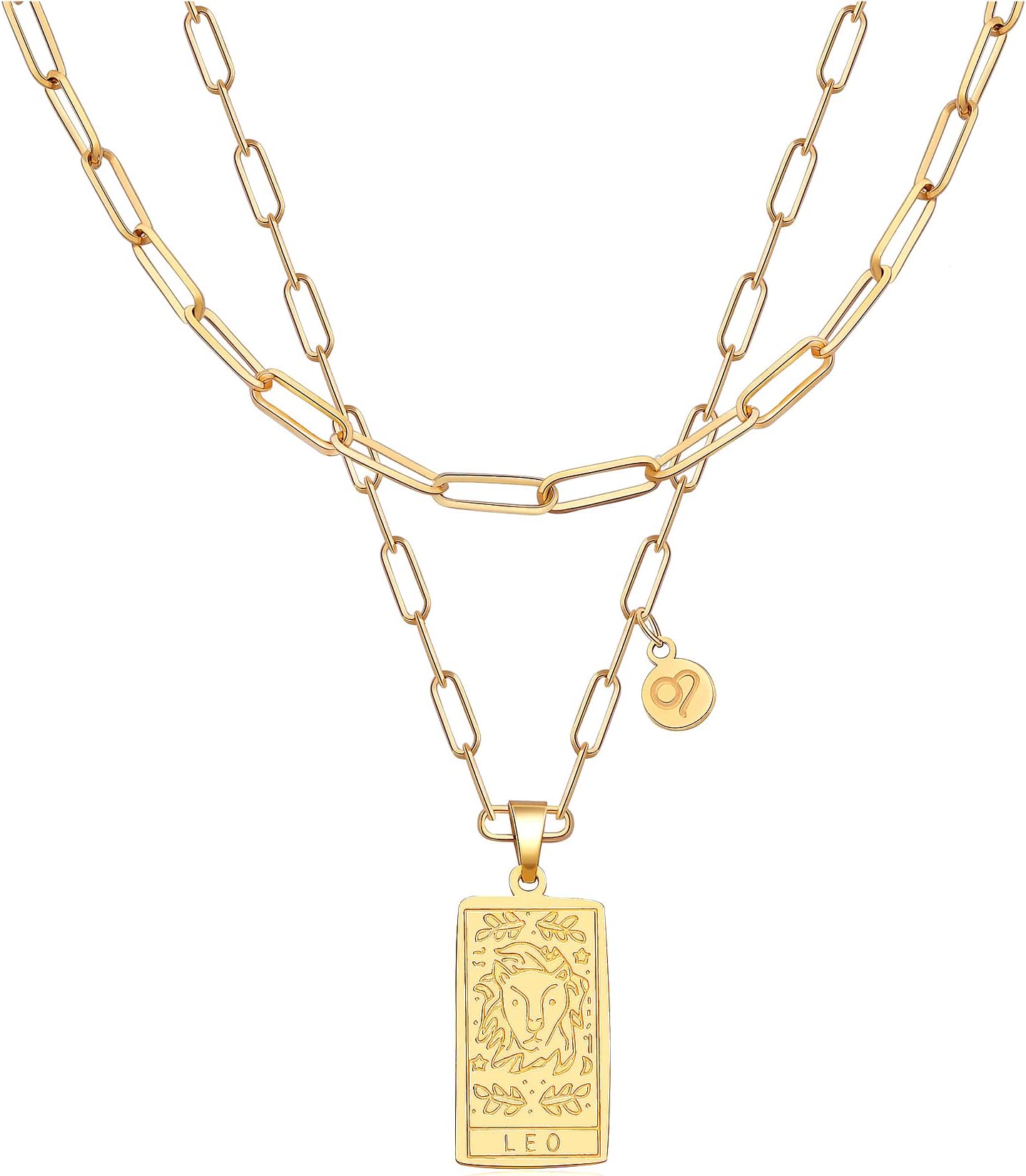 KOHOTA Zodiac Sign Necklace for Women Layered Paper Clip Chain Constellation Tarot Card Pendant Double Sided Gold Stainless Steel Waterproof NonTarnish Friendship Jewelry Gift, Metal, Cubic Zirconia