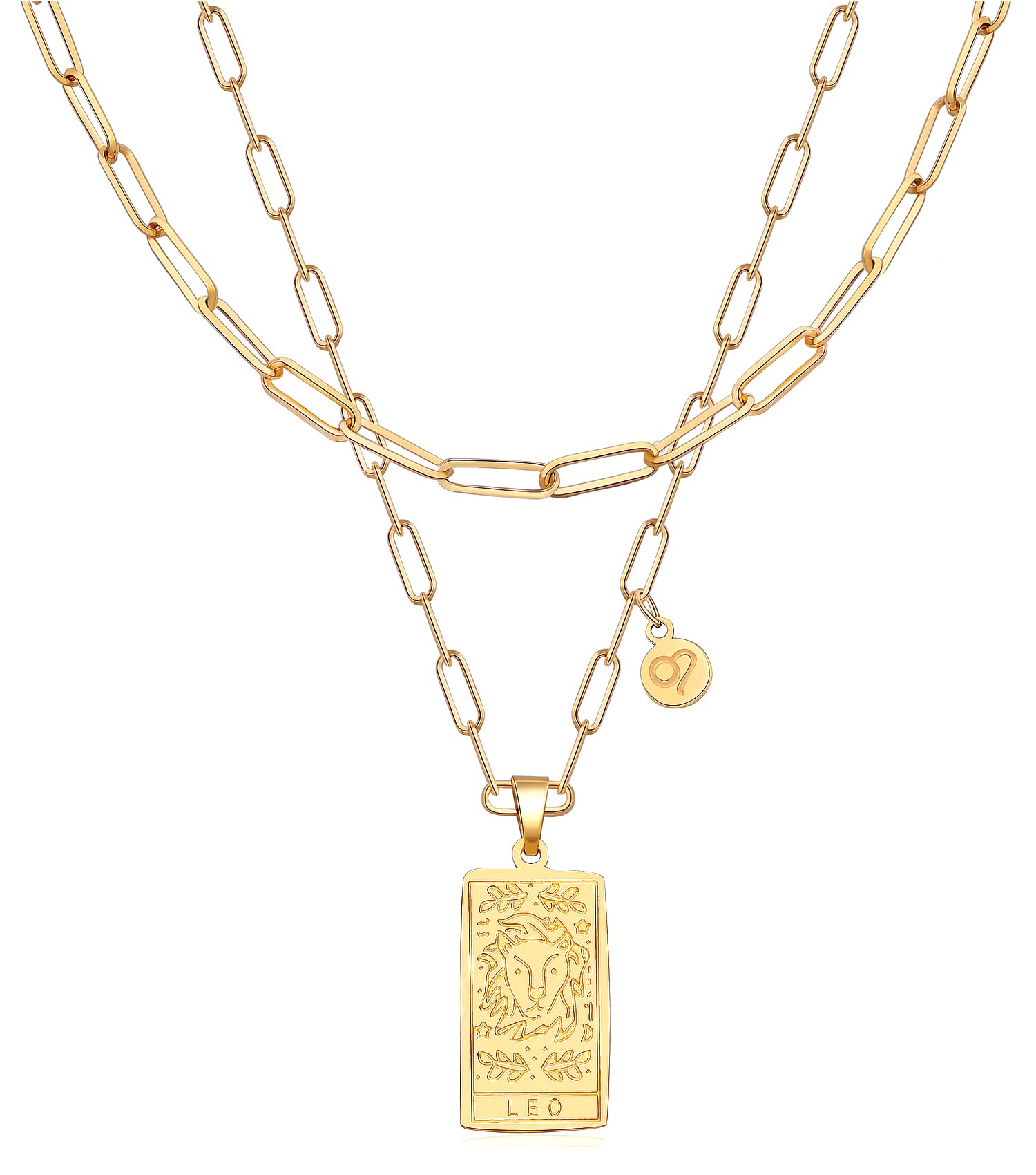 KOHOTA Zodiac Sign Necklace for Women Layered Paper Clip Chain Constellation Tarot Card Pendant Double Sided Gold Stainless Steel Waterproof NonTarnish Friendship Jewelry Gift, Metal, Cubic Zirconia