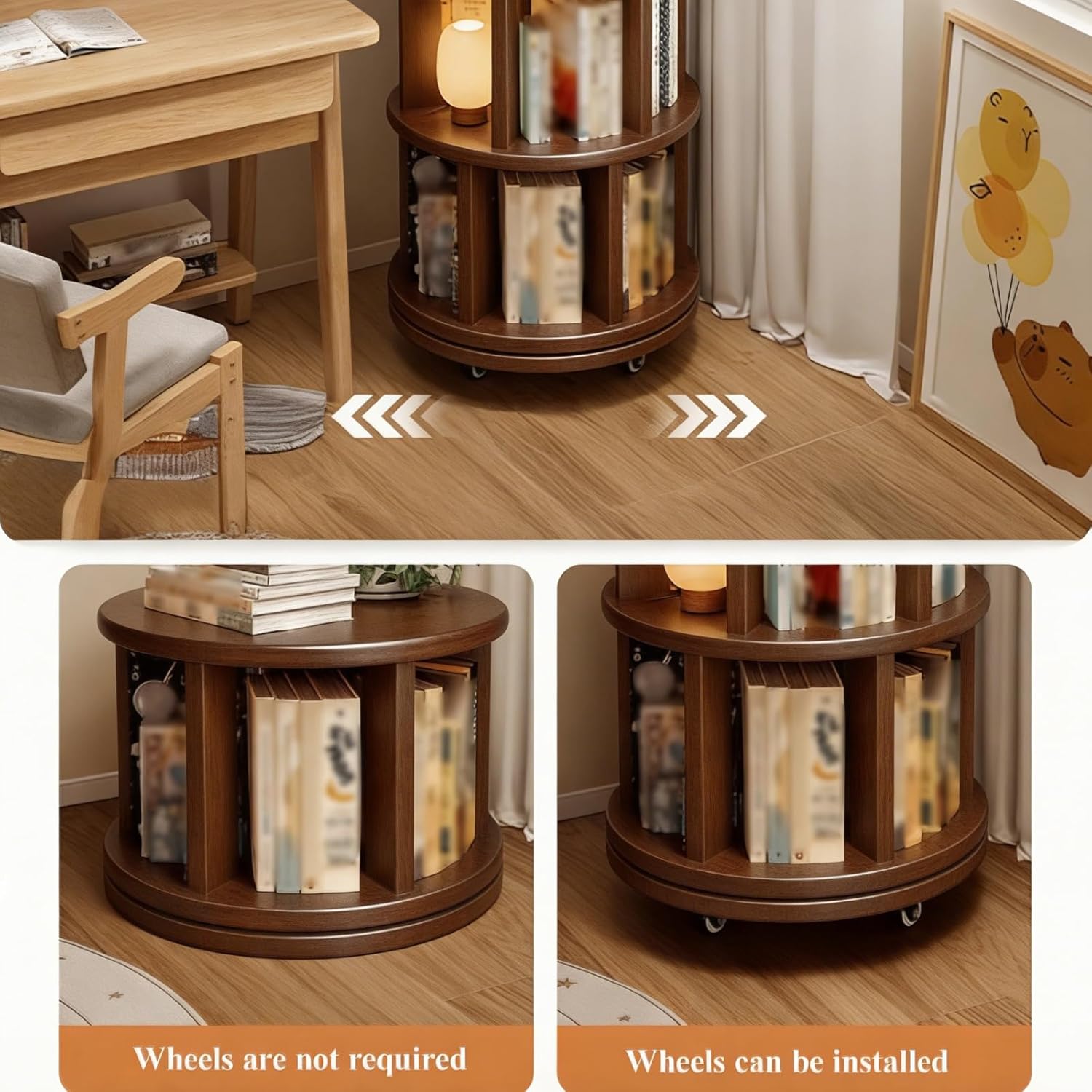 Rotating Bookshelf, 360 Display Corner Bookshelf for Small Space, 3 Tier Floor Standing Solid Bookcase Storage Rack, Wood Narrow Organizer for Bedroom, Living Room, Study Room, Brown