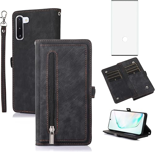 Asuwish Funda de teléfono para Samsung Galaxy Note 10 5G con protector de pantalla de vidrio templado y correa para la muñeca de cuero con