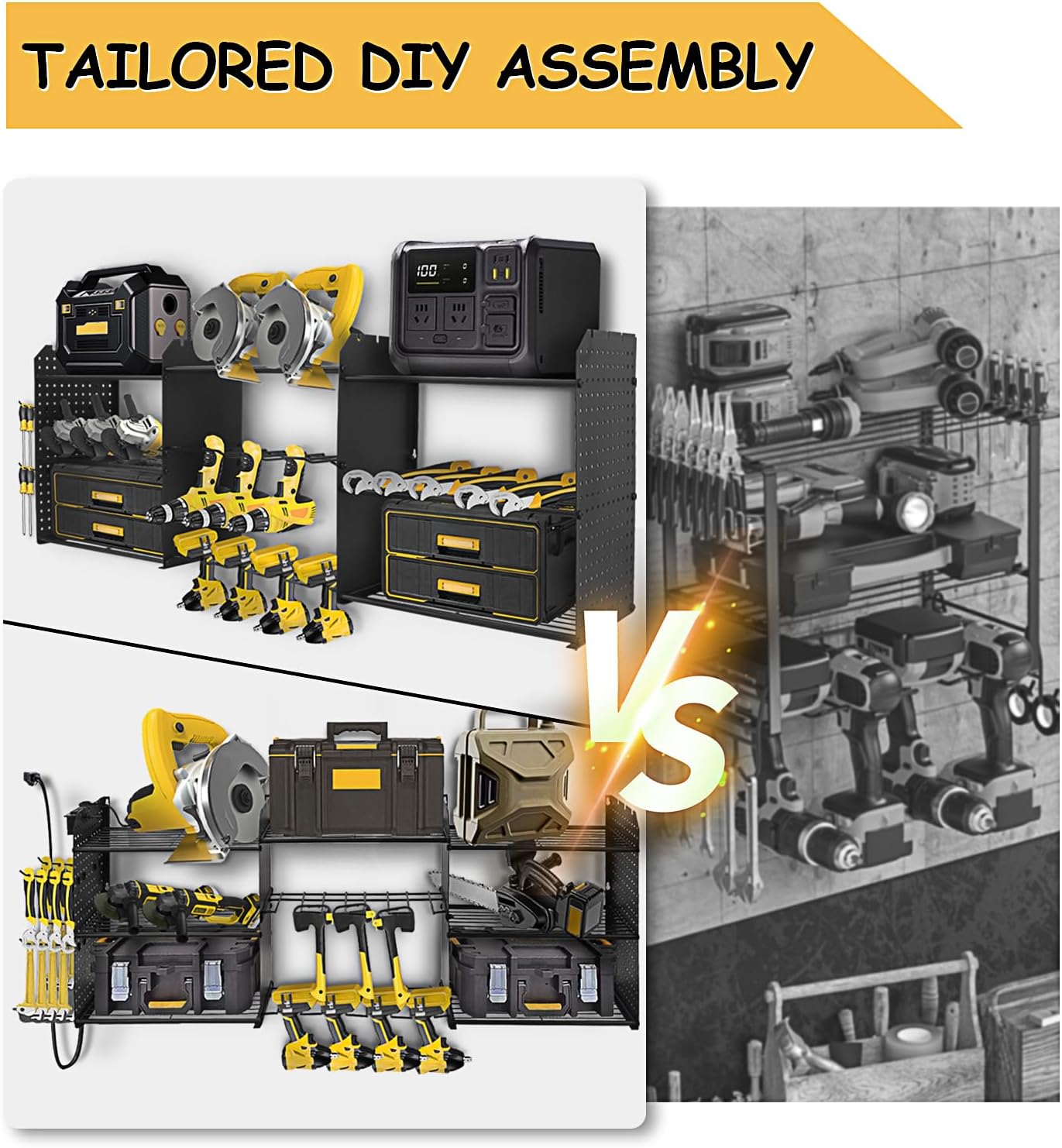 45.5'' W Large Power Tool Organizer with Charging Station, Load 200LB, 3-Tier Wall Tool Rack, 8 Drill Holder Wall Mount, 2 Side Pegboard, Garage Organizer, Gifts for Men