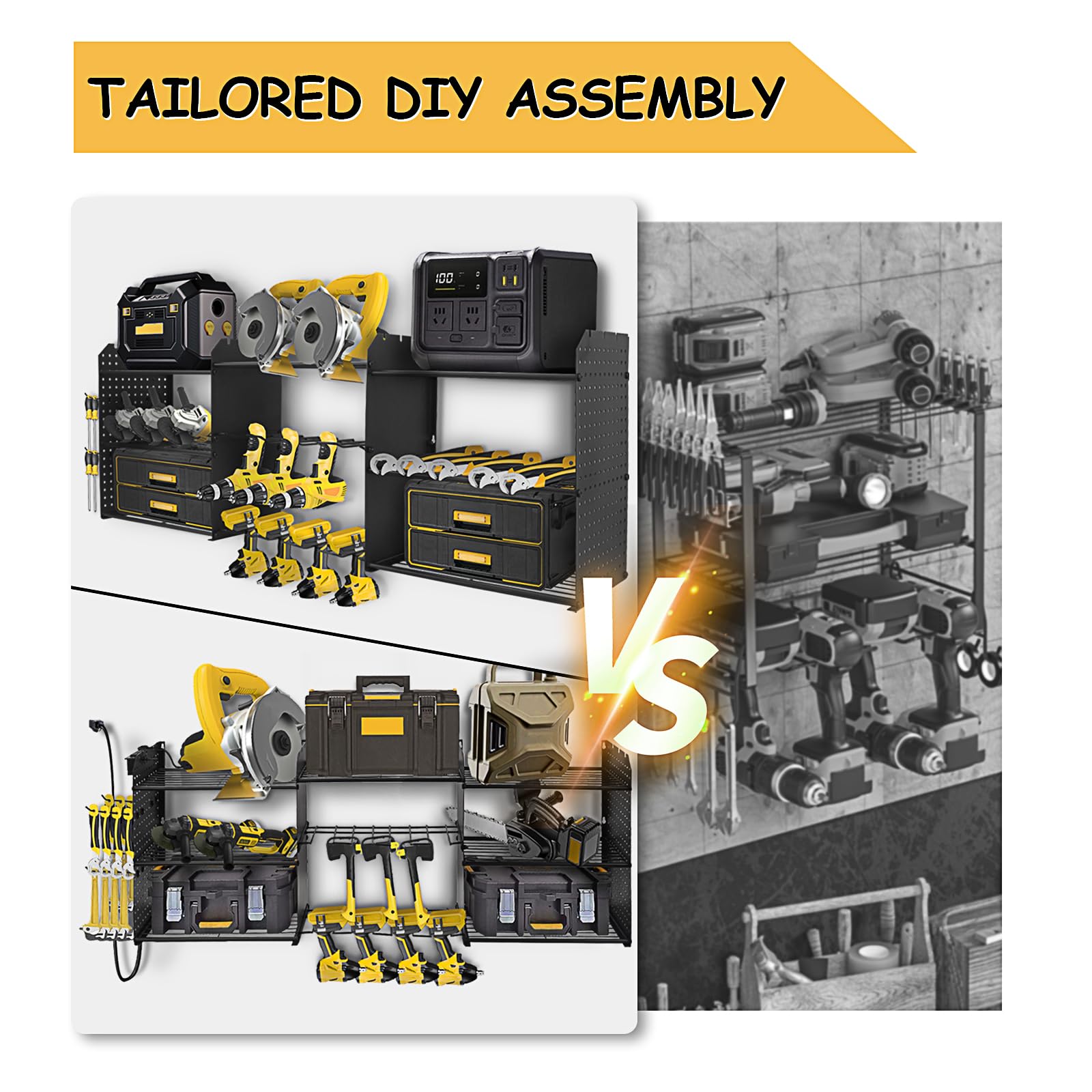 Support mural pour outils électriques – 3 couches de charges métalliques robustes de 90,7 kg, support mural pour 8 perceuses avec multiprise de 0,8 m, organiseurs d'outils de garage et support de