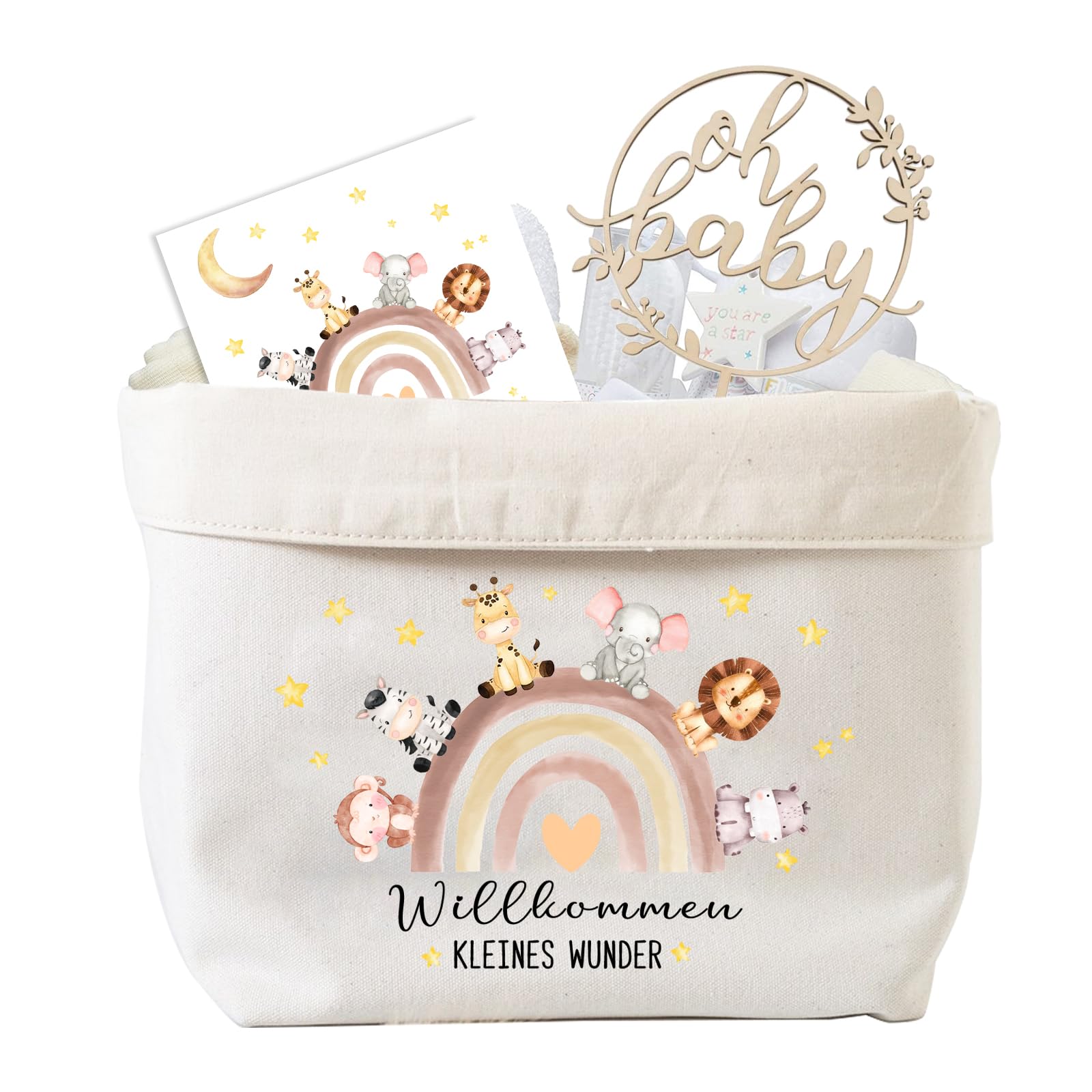 Windeltasche Junge Mädchen, Babygeschenke zur Geburt, Baby Windeltorten Tasche + CakeTopper aus Holz + Karte + Umschlag, Babygeschenk für Neugeborenen Babyparty