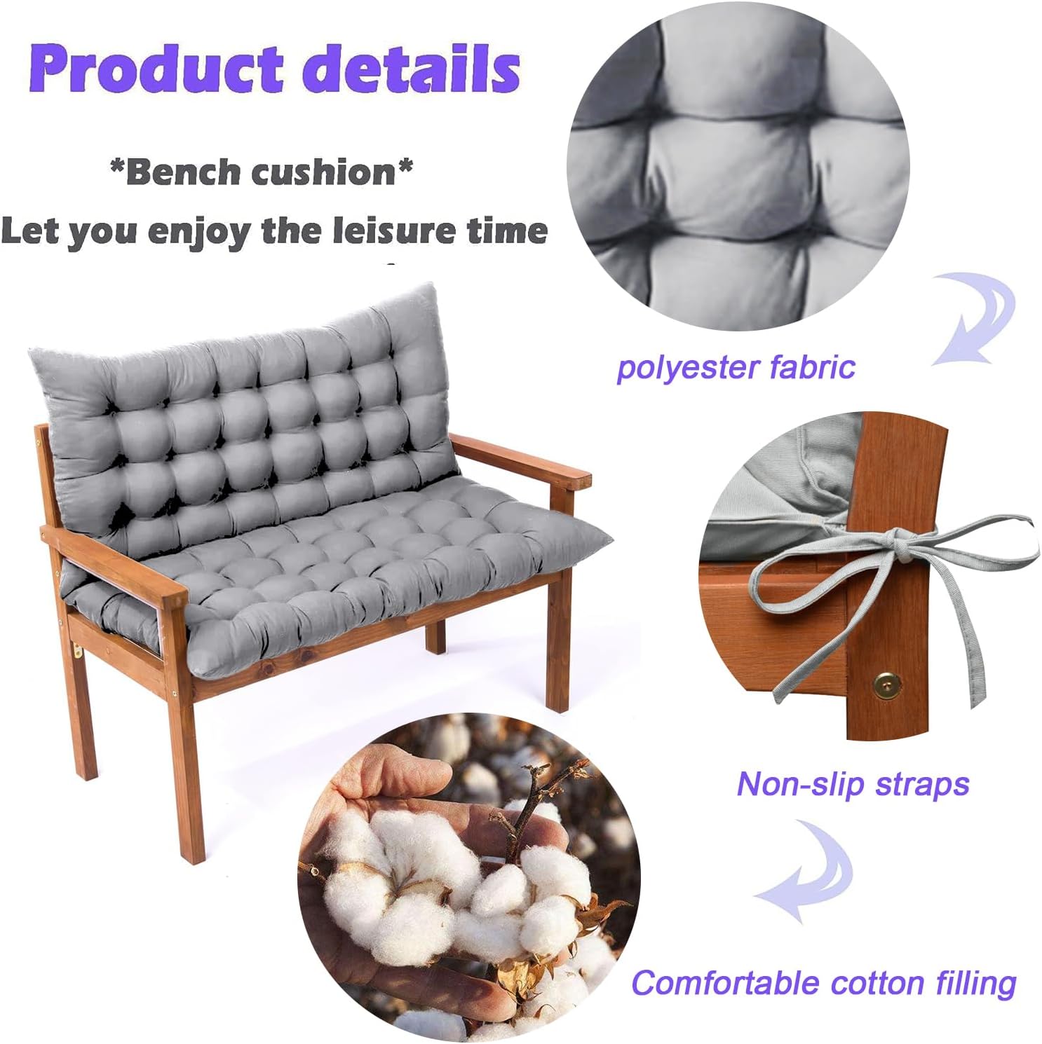 Swing Cushions 3 Seater Replacement, Porch Swing Cushions with Backrest Bench Pad Cushions, Thicken 5" Outdoor Swing Cushions for Patio Garden Furniture (Light Grey, 40x60*5in)