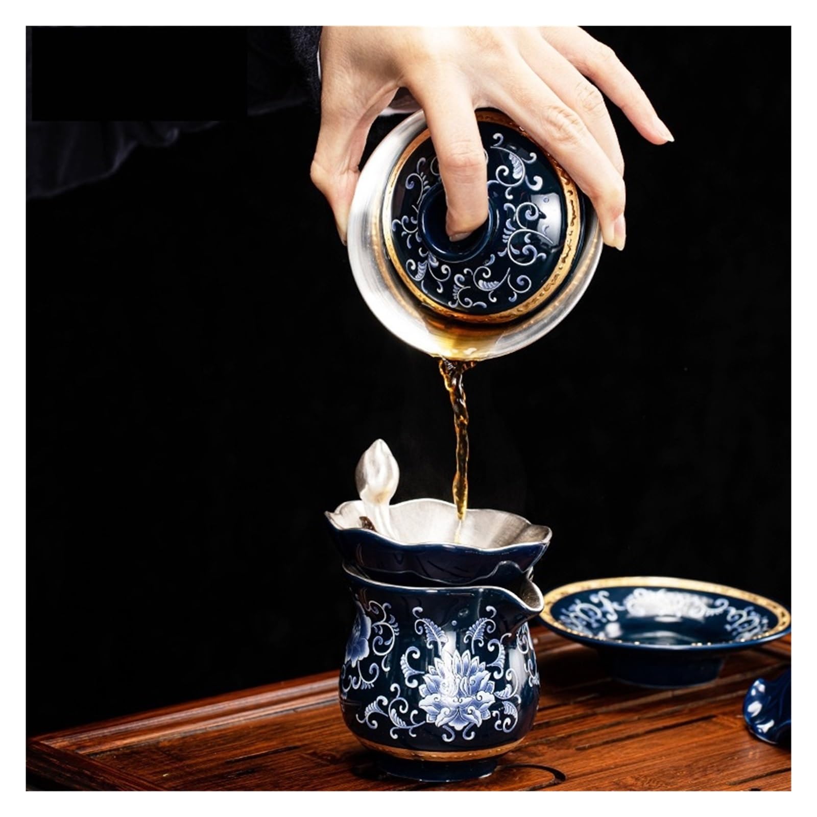 Niebiesko-biała Porcelana, Miska Z Pokrywką Czystego Srebra, Pozłacana Srebrna Ceramiczna Na Herbatę, Duża Filiżanka, Zestaw Do Herbaty Kung Fu, Herbata Użytku Domowego WyjąTkowe Obrazy(A2)