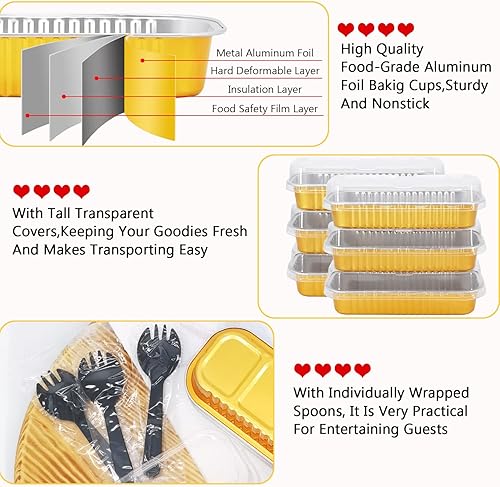 Miniatura 4 de LNYZQUS Mini sartenes desechables de aluminio con tapas, paquete de 50 unidades, 6.8 onzas, 6.5 x 2.5 x 1.2 pulgadas, moldes pequeños de aluminio