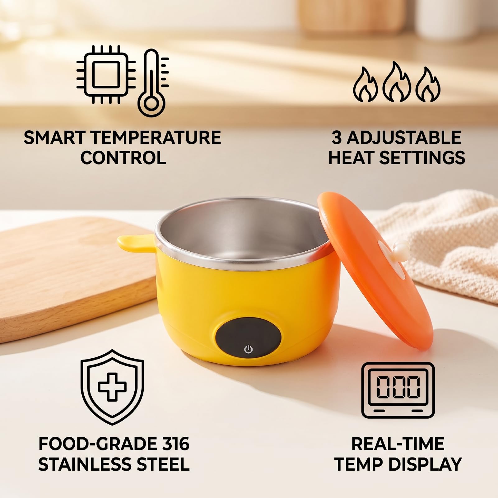 Naroote Calienta Comida Bebé Inteligente 3 Niveles 316 Acero Inox (YELLOW)