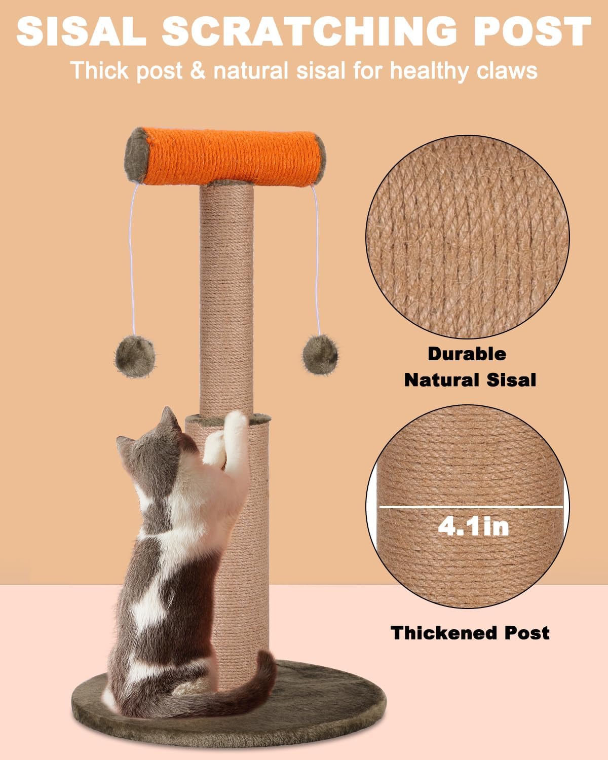 review Cat Scratching Post, 29.5” Tall Scratch Posts Sisal Scratcher with Hanging Plush Ball Toys for Indoor Adult Cats & Kittens