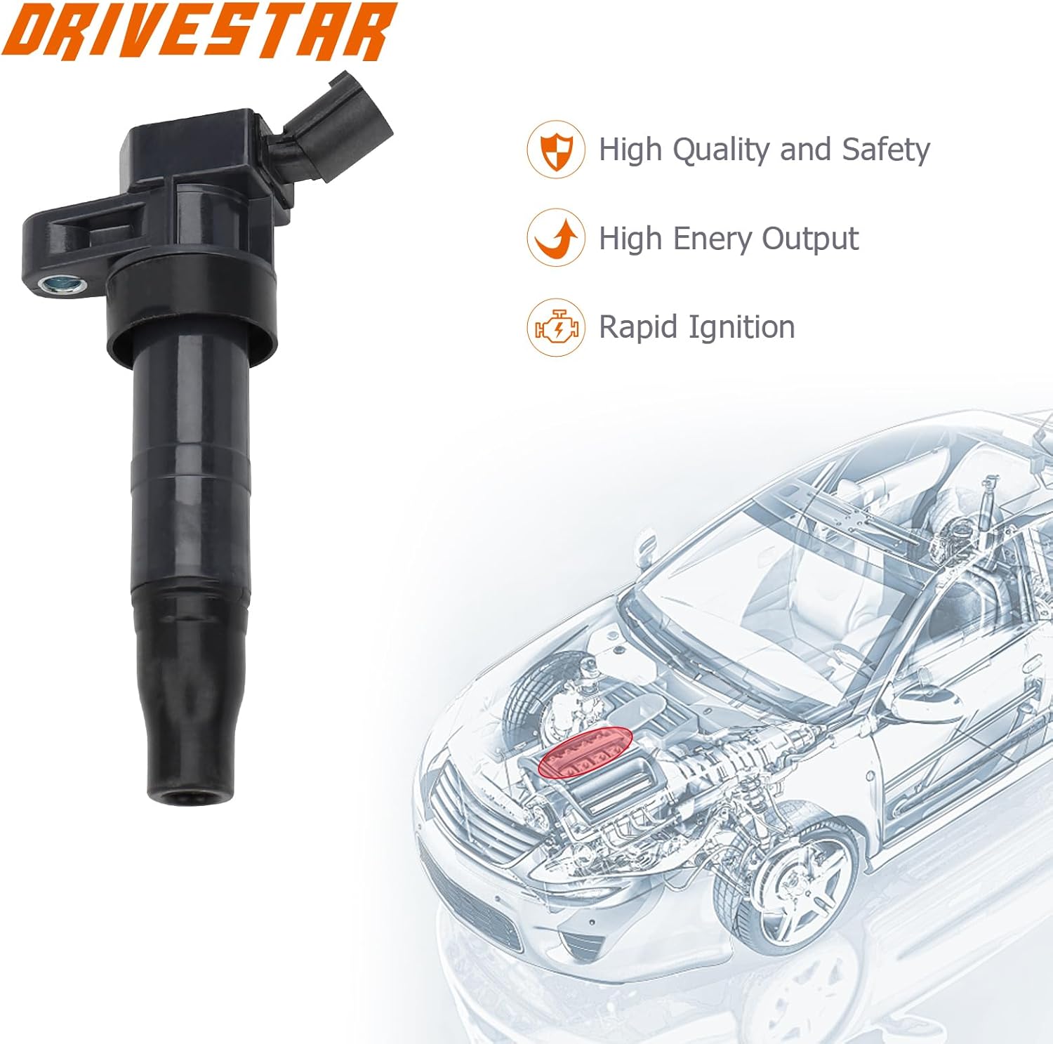 DRIVESTAR UF647 Ignition Coil Pack 2013-2015 for Hyundai Santa Fe Sport L4 2.0L Turbocharged, 2011-2014 for Hyundai Sonata L4 2.0L Turbocharged, Set of 4, Replace# 273002G700
