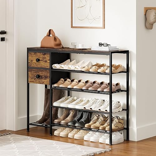 Miniatura 2 de Zapatero de 5 niveles con 2 cajones de tela, marco de metal y tablero de madera organizador de zapatos para 16-20 pares de zapatos, estante de