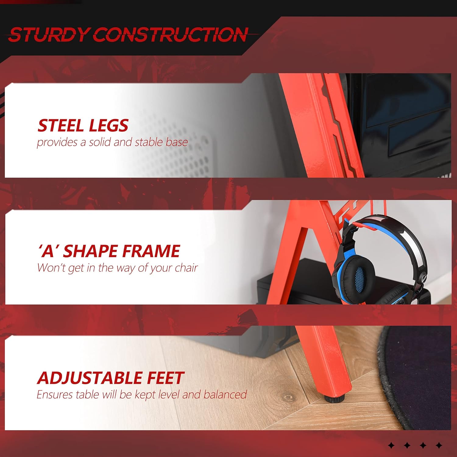 HOMCOM 53" Gaming Desk, Racing Computer Desk with Monitor Shelf, Gamepad Rack, Cup Holder, Headphone Hook, and Cable Basket, Red