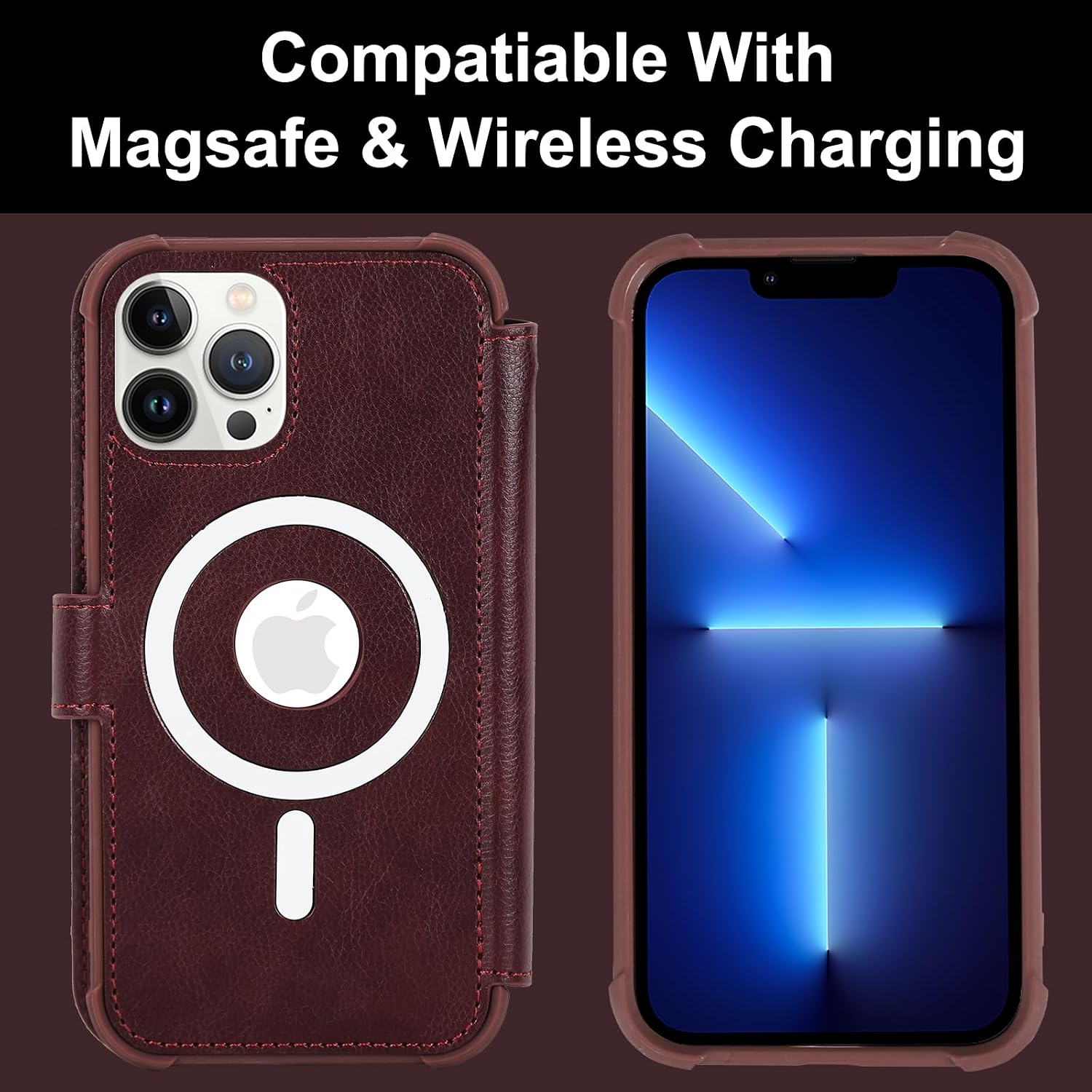 VANAVAGY Compatible for iPhone 13 Pro Max Wallet Case for Magsafe Wireless Charging, PU Leather Flip Folio Phone Case with Wrist Strap RFID Blocking Card Holder Screen Protector,Burgundy