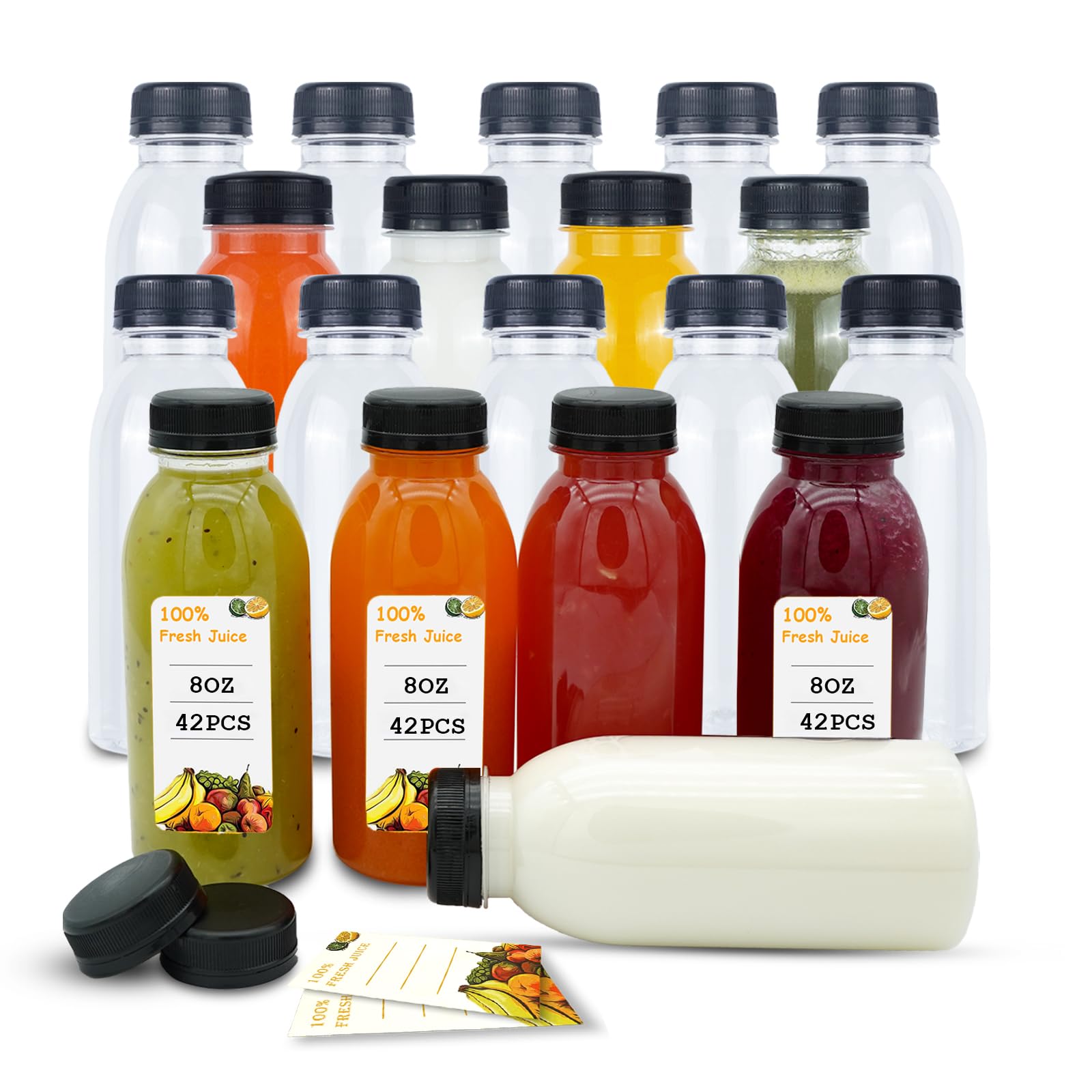 - Holotap 42 Pcs 8 OZ Plastic Juice Bottles with Caps, Empty Clear Disposable Bulk Plastic Bottles with White Tamper Evident Caps Lids